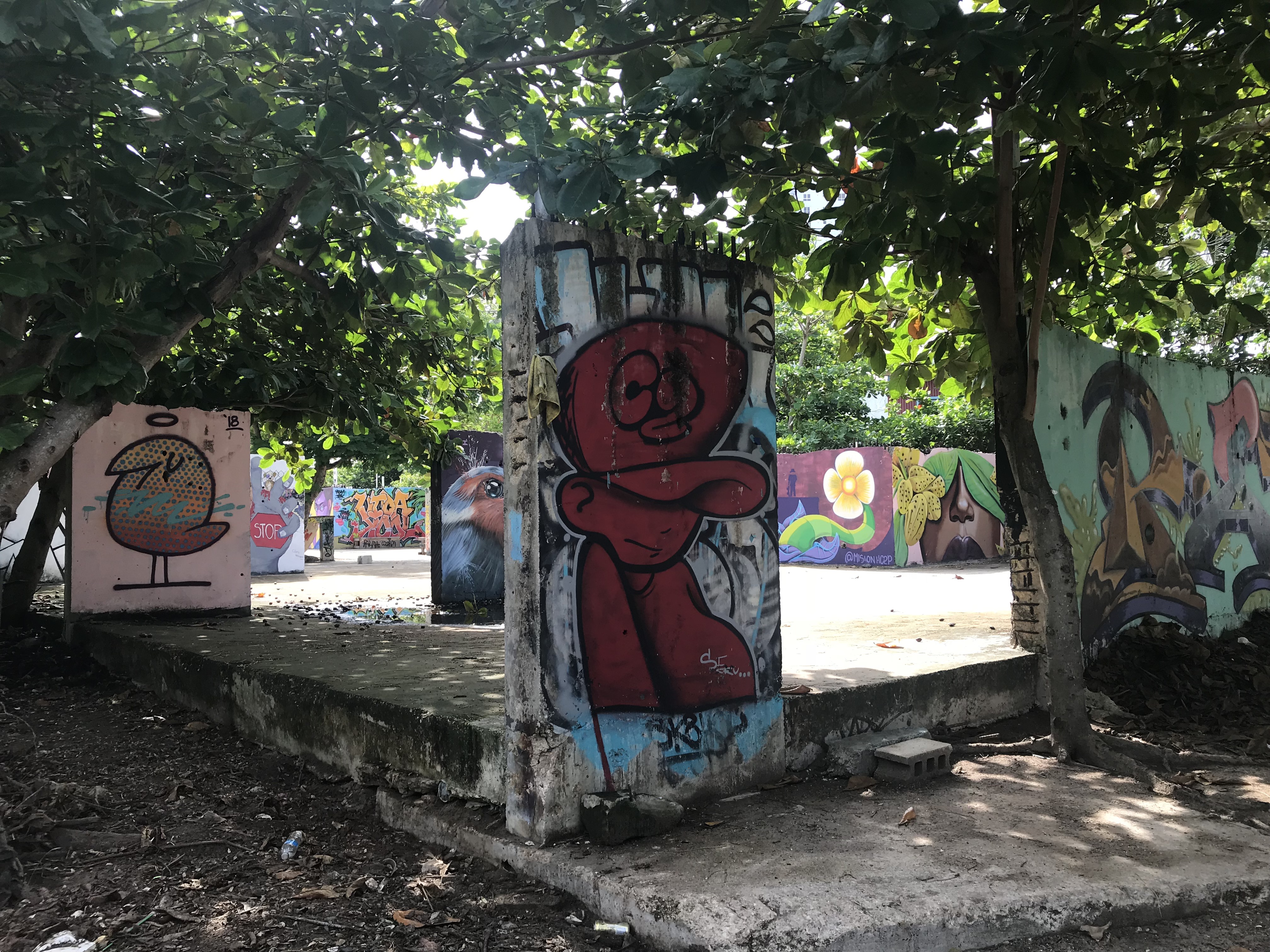 Local street art and murals on abandoned concrete foundation walls, San Juan.