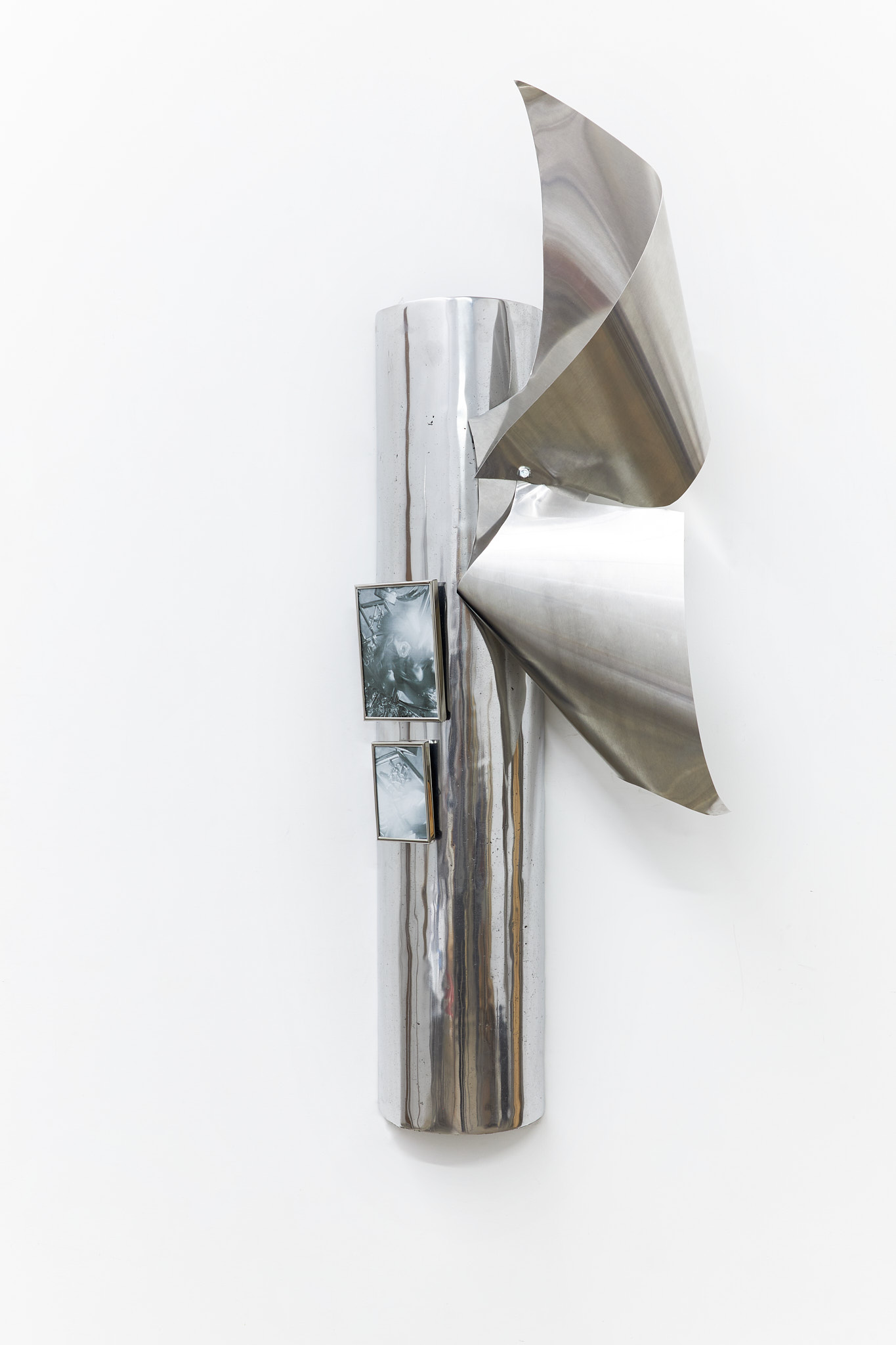 Pilaster V (energy flow wind charm), 2023 Cast aluminum, aluminum sheet, chrome plated hardware, artist frame, archival print 44”x 8”x4” 