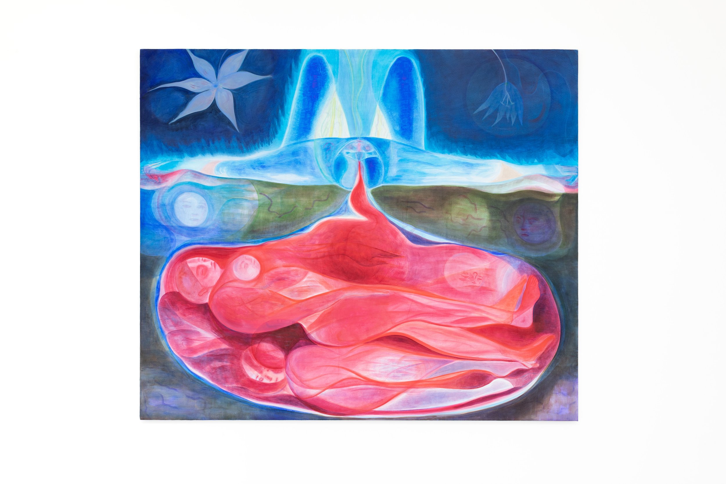 Vessel, 2023. Acrylic, flash and watercolor on canvas. 56 x 66 inches