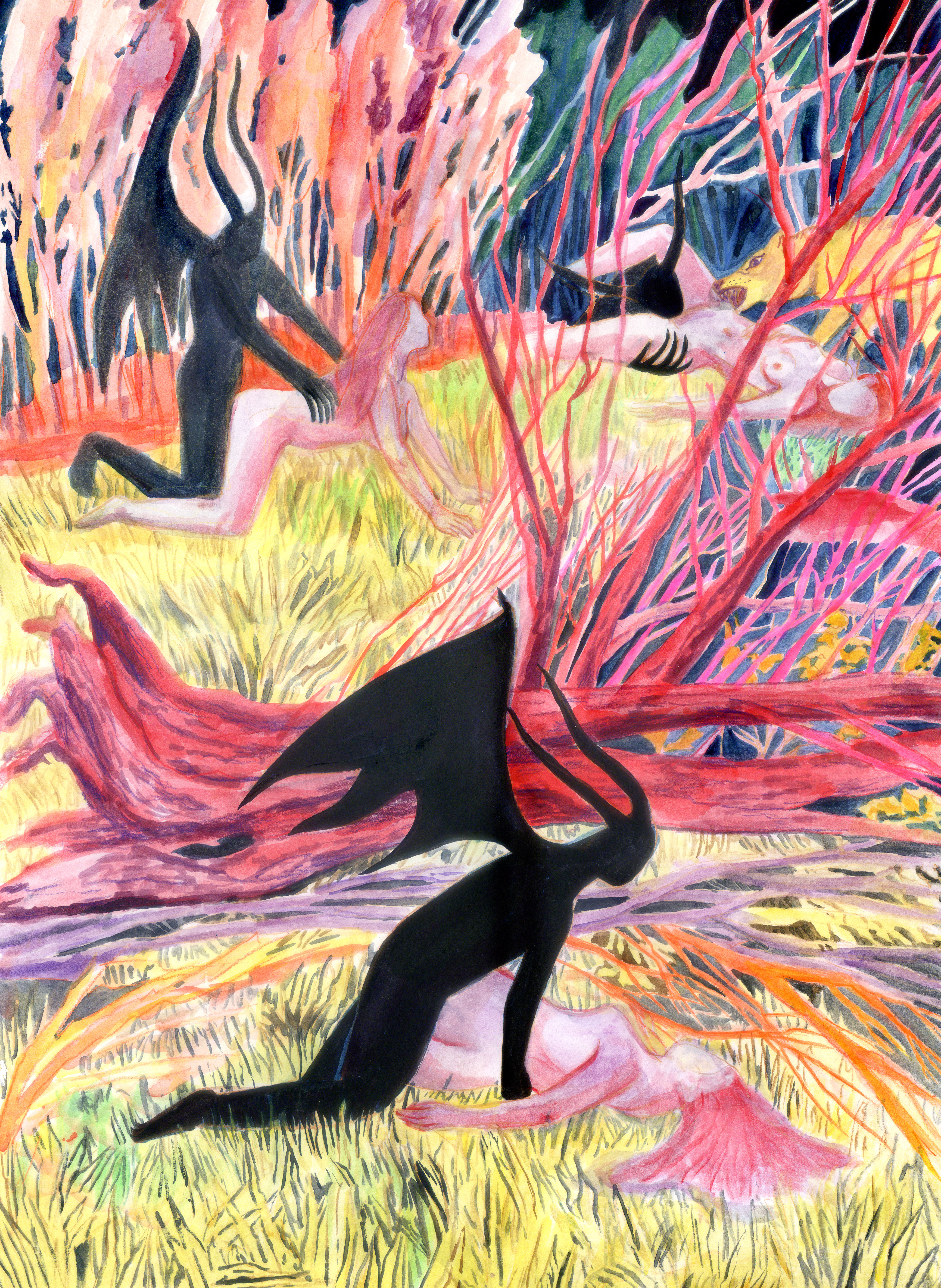 Pacte, série. 42 x 29,7 cm. Encres, aquarelle et crayons de couleurs sur papier. 2023