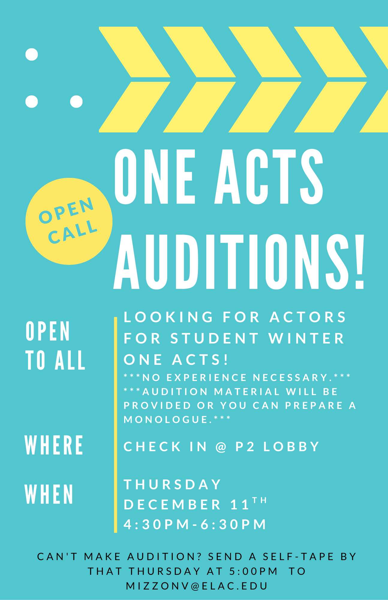 flyer for 2026 Winter One Acts Auditions on Thursday December 11th 4:30-6:30pm, P2 lobby ELAC theater