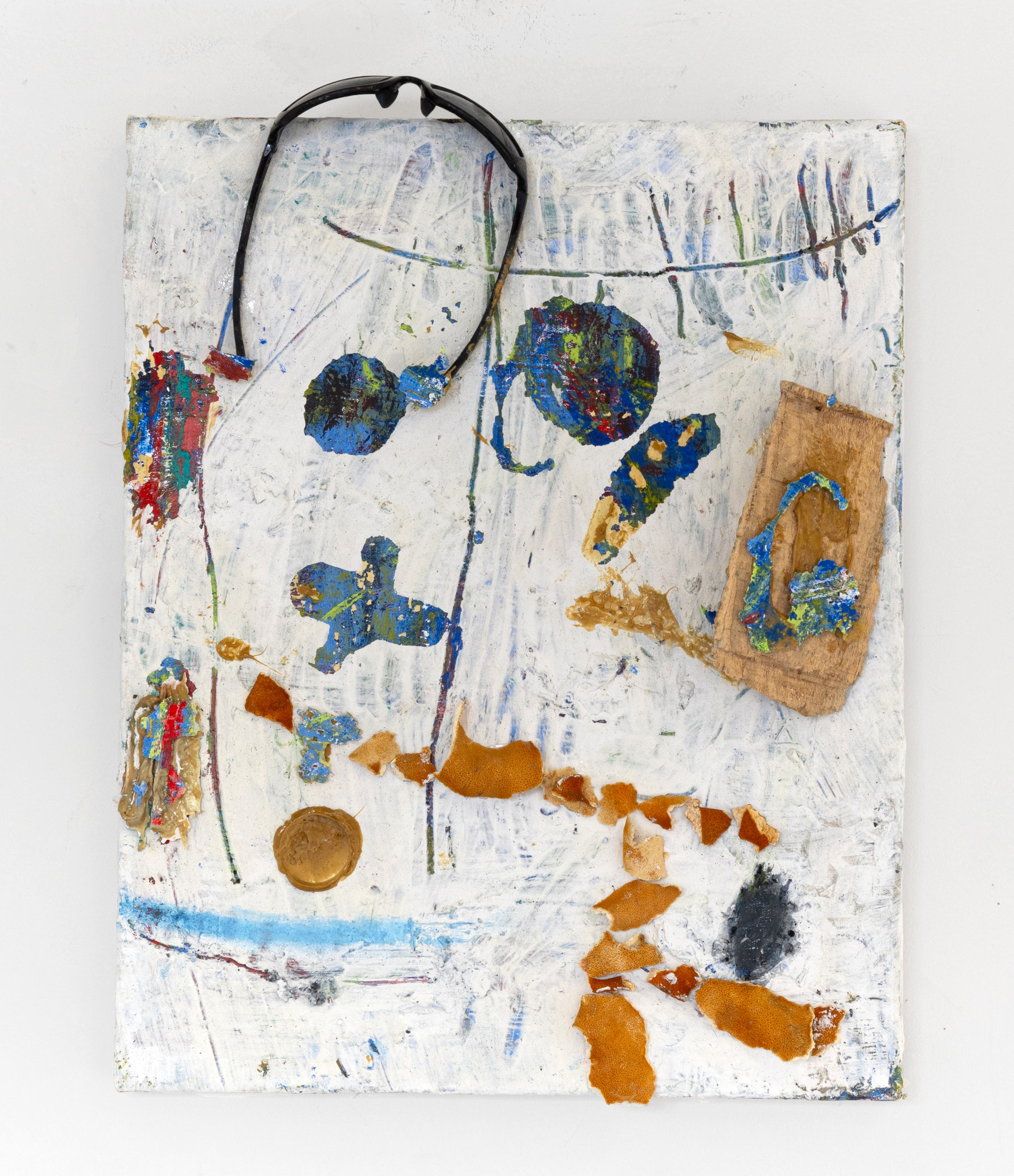   Extensions   16"x20"  oil, acrylic, graphite, sunglasses, glue, wood scrap, orange peel