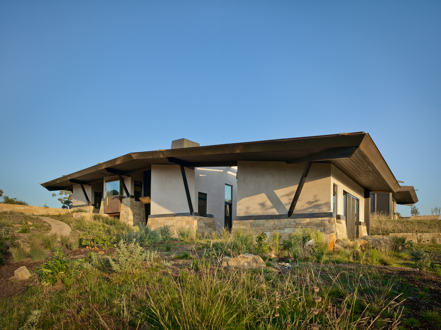 South elevation seen from native habitat landscape below | Northern California Residence | PARABOLA Architecture
