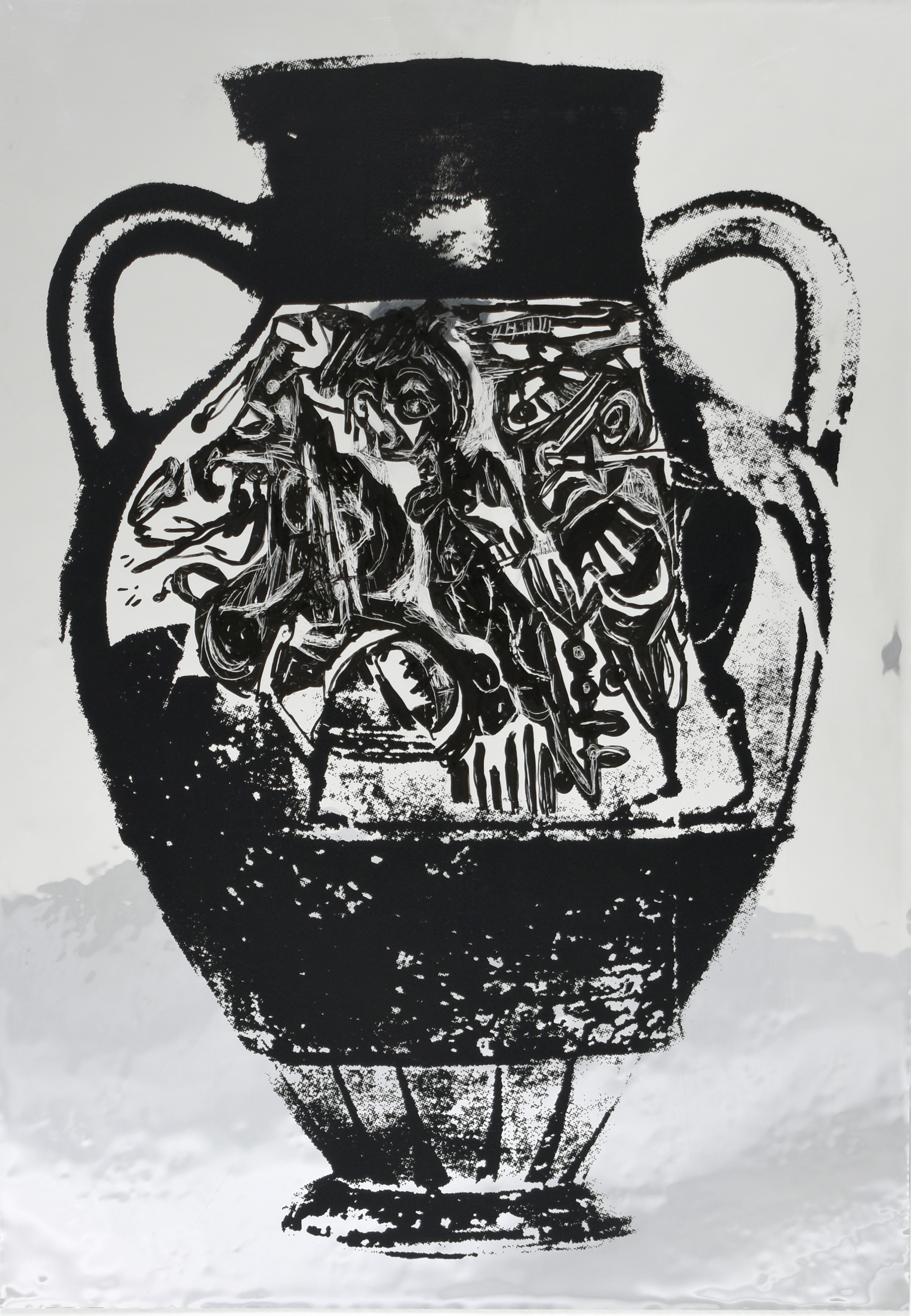 10990 (M.DR.01) A: Komos, Youths. B: Maenad Between Satyrs, Screenprint and acrylic drawing on double aluminized polyester film, 13 x 9 in., 2024