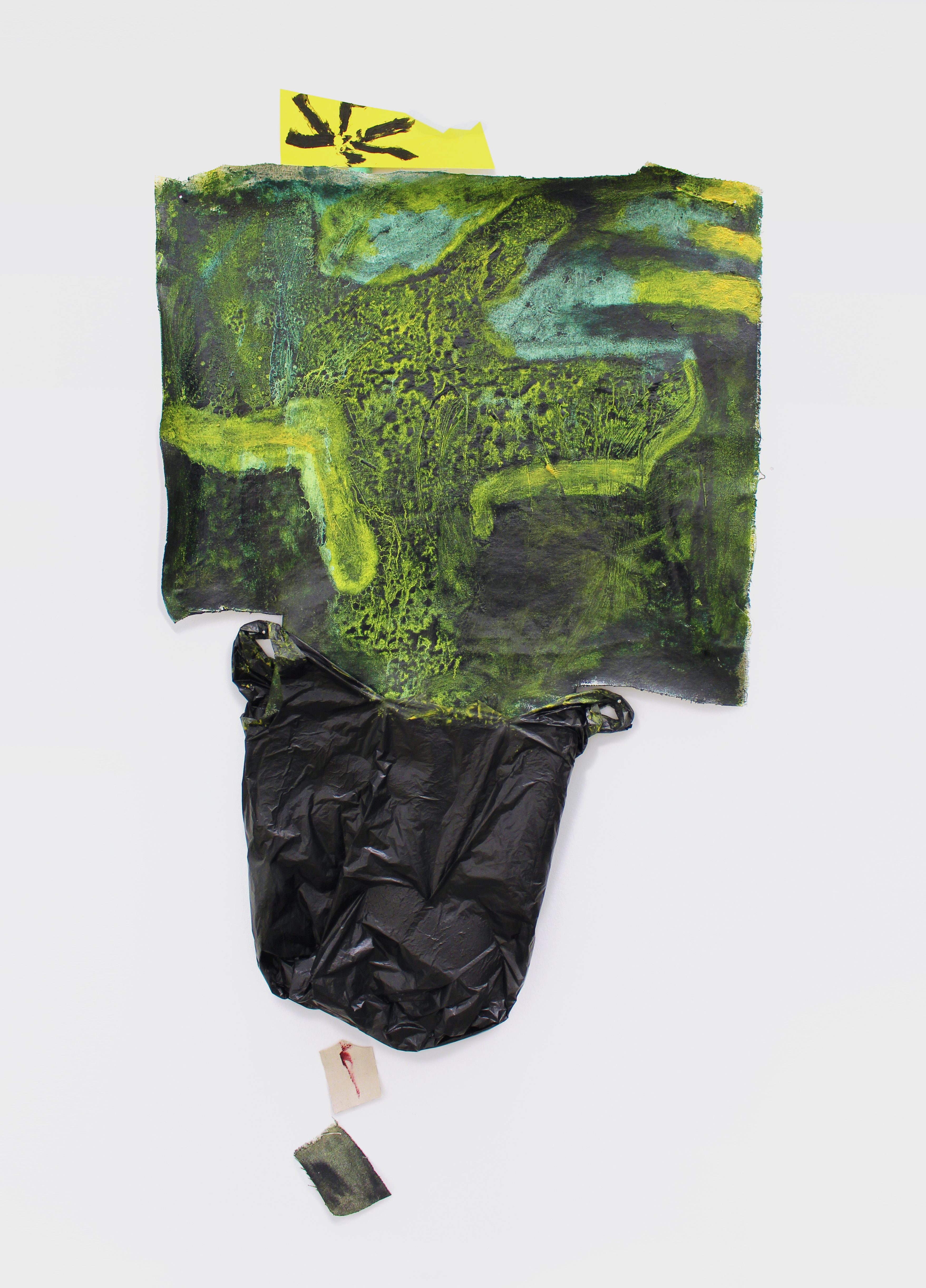 Lucky for who?, 2022 &ndash; Oil on canvas, oil stick, paper, wood, plastic carrier bag, 50cm x 100cm