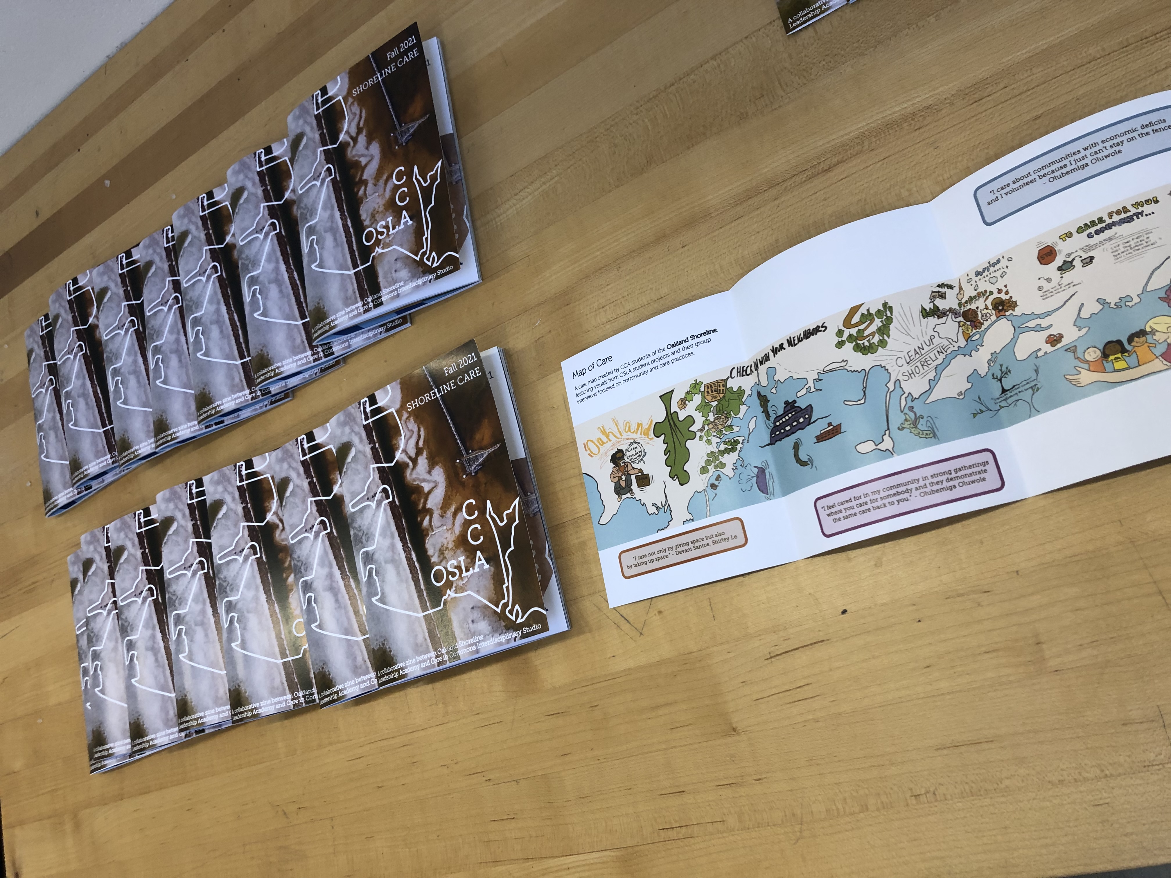 This Interdisciplinary Studio at CCA was a collaboration with Oakland Shoreline Leadership Academy, Students and community leaders co-created a zine focused on community care practices. Image credit: Shalini Agrawal