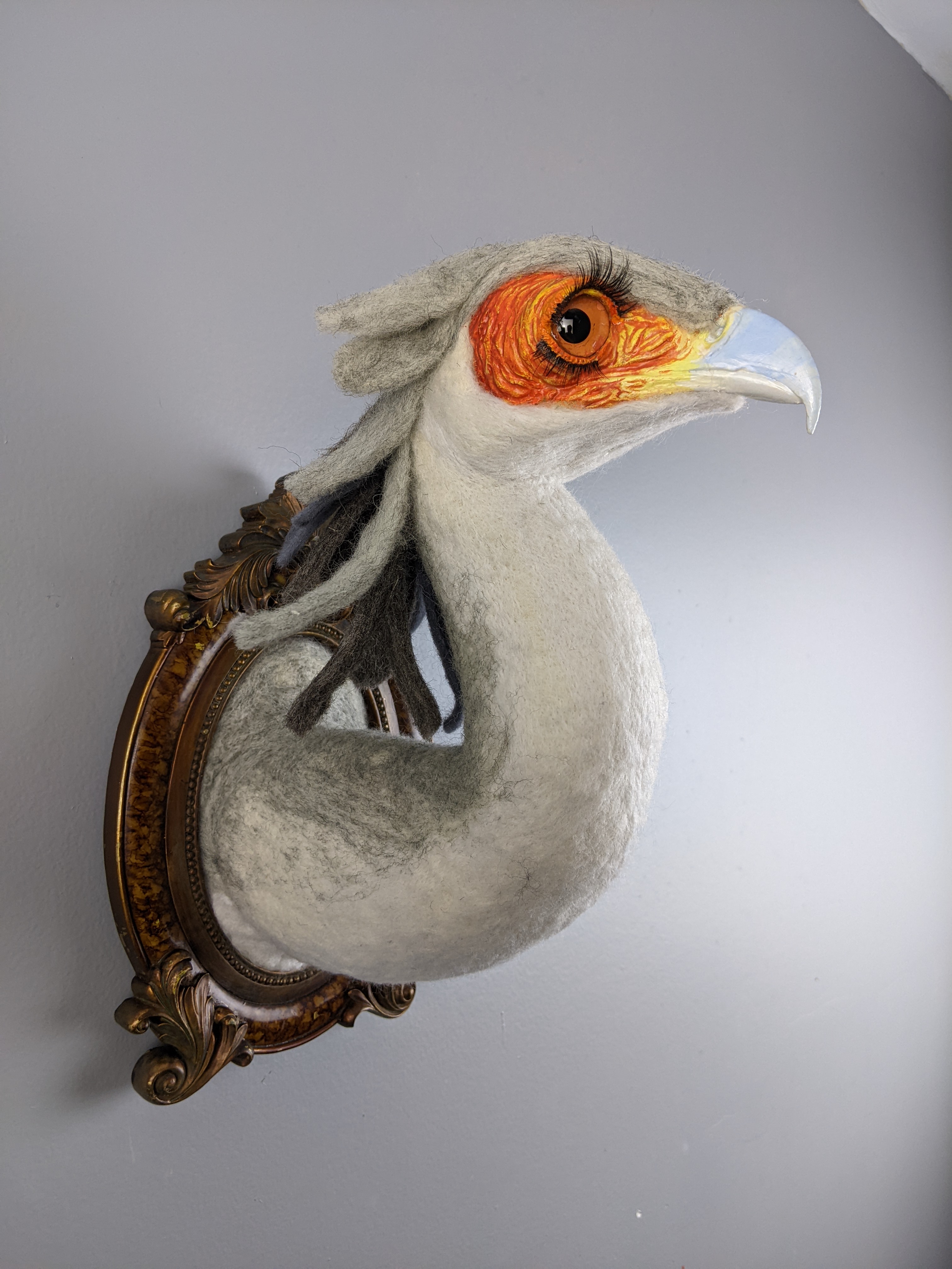 Secretary BirdNeedle felted wool faux taxidermy6"x13.5"x7"2023"SOLD