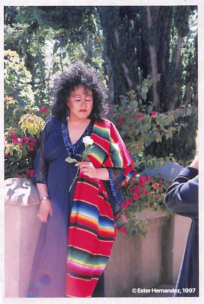 Teresita at the Mission Dolores. Used with permission from Ester Hernandez (link below).