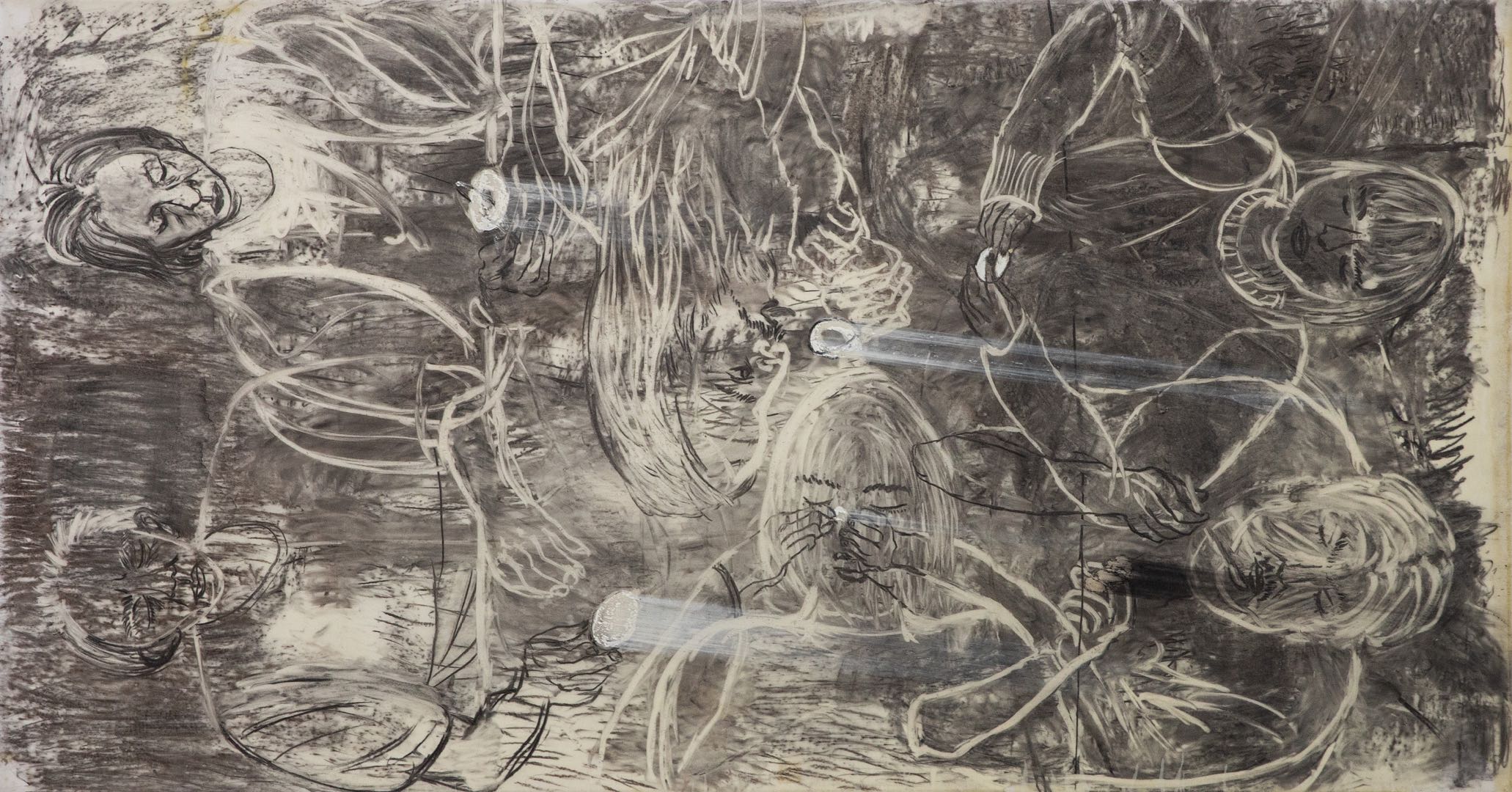 Holy Breakfast, 90.5 x 175 cm, charcoal, wax on paper, 2020