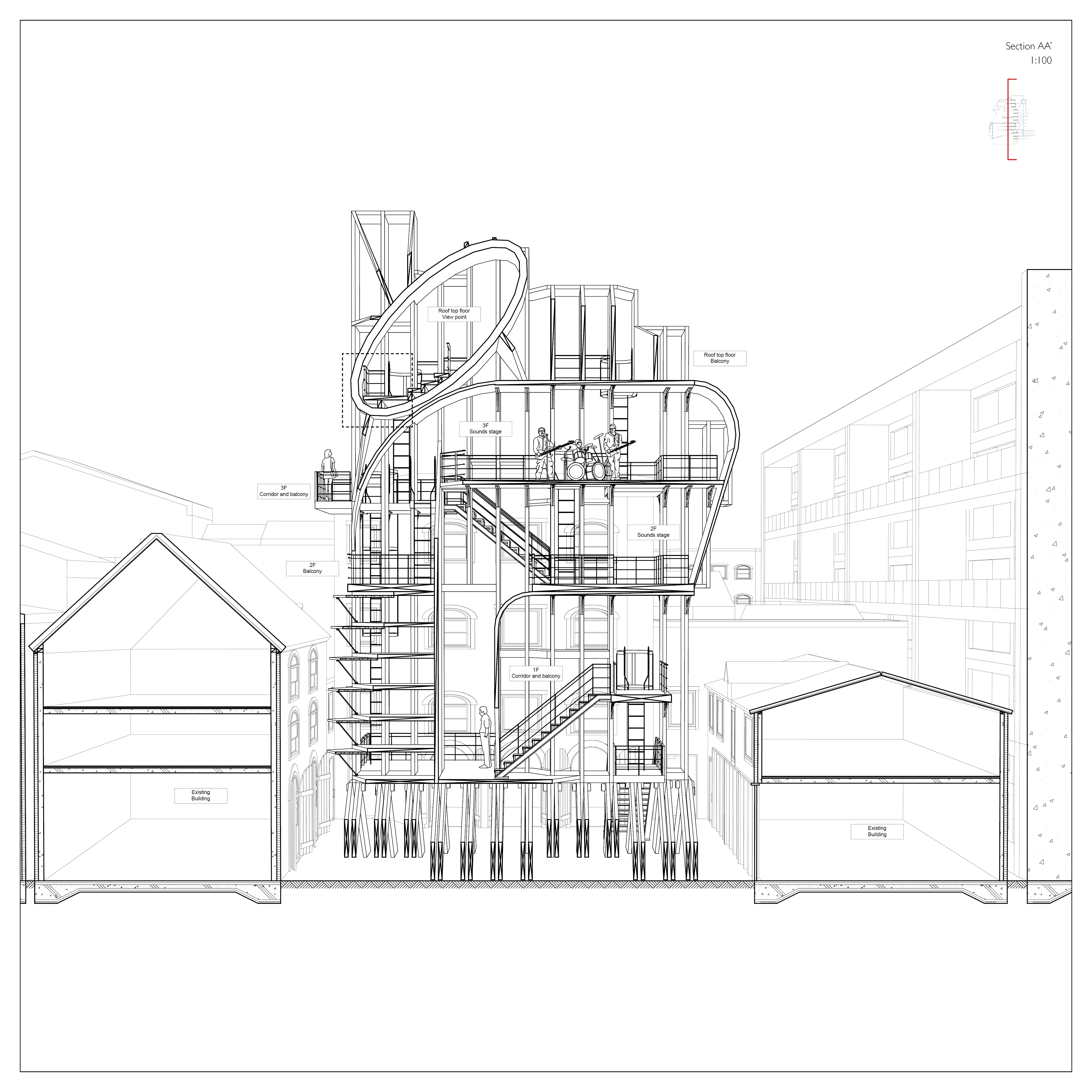 The rotating world: Section AA' 1:100 
