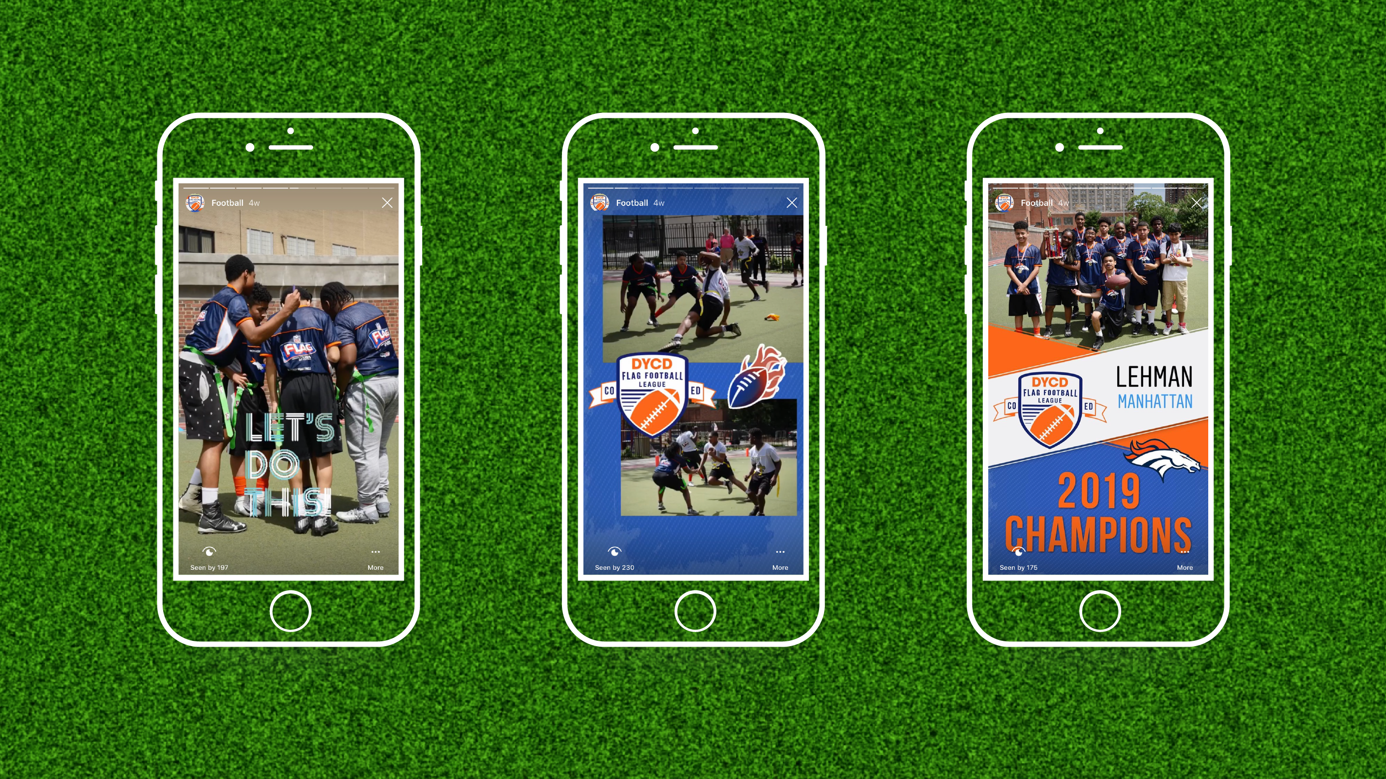 Three mobile screenshots of the Instagram stories from the DYCD Flag Football League Championship game as appeared on the @nycyouth Instagram account.