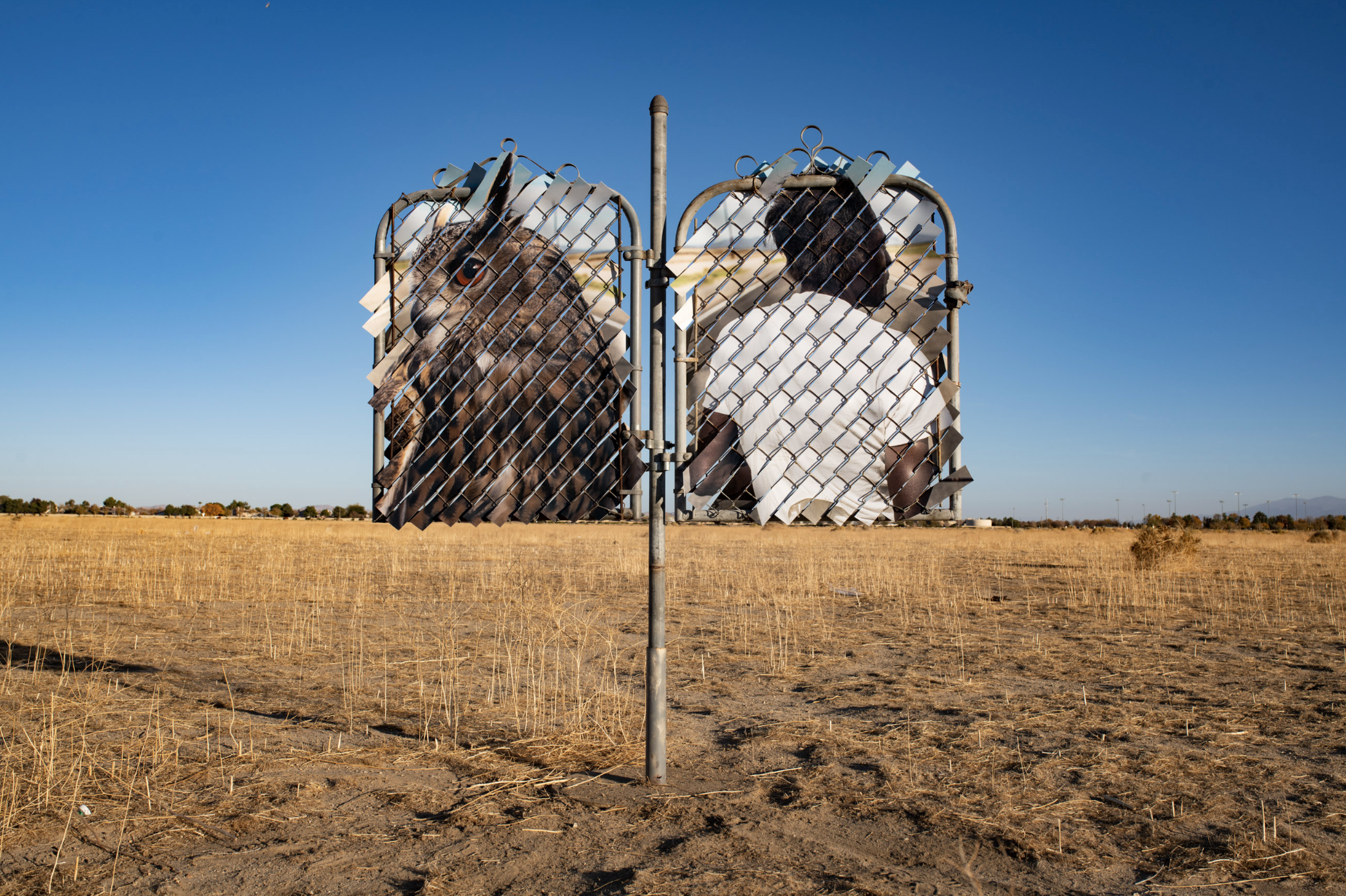 Desert Totem, 2021 salvaged steel and aluminum gates, chain link mesh, and UV print on synthetic resin 68 × 46 × 3 in | 172.7 x 116.8 x 7.6 cm