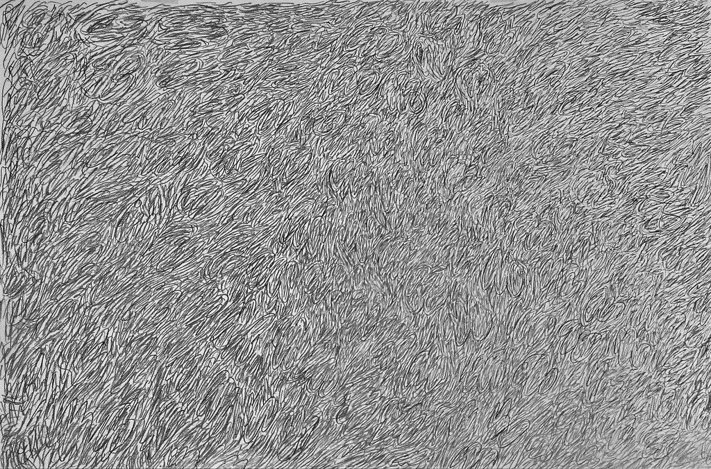 3. Standing in a fixed position, not even a foot away from an approx A0 sized paper, facing a point somewhere in the middle of the right half, filling the paper with a hierarchy of scribbles.