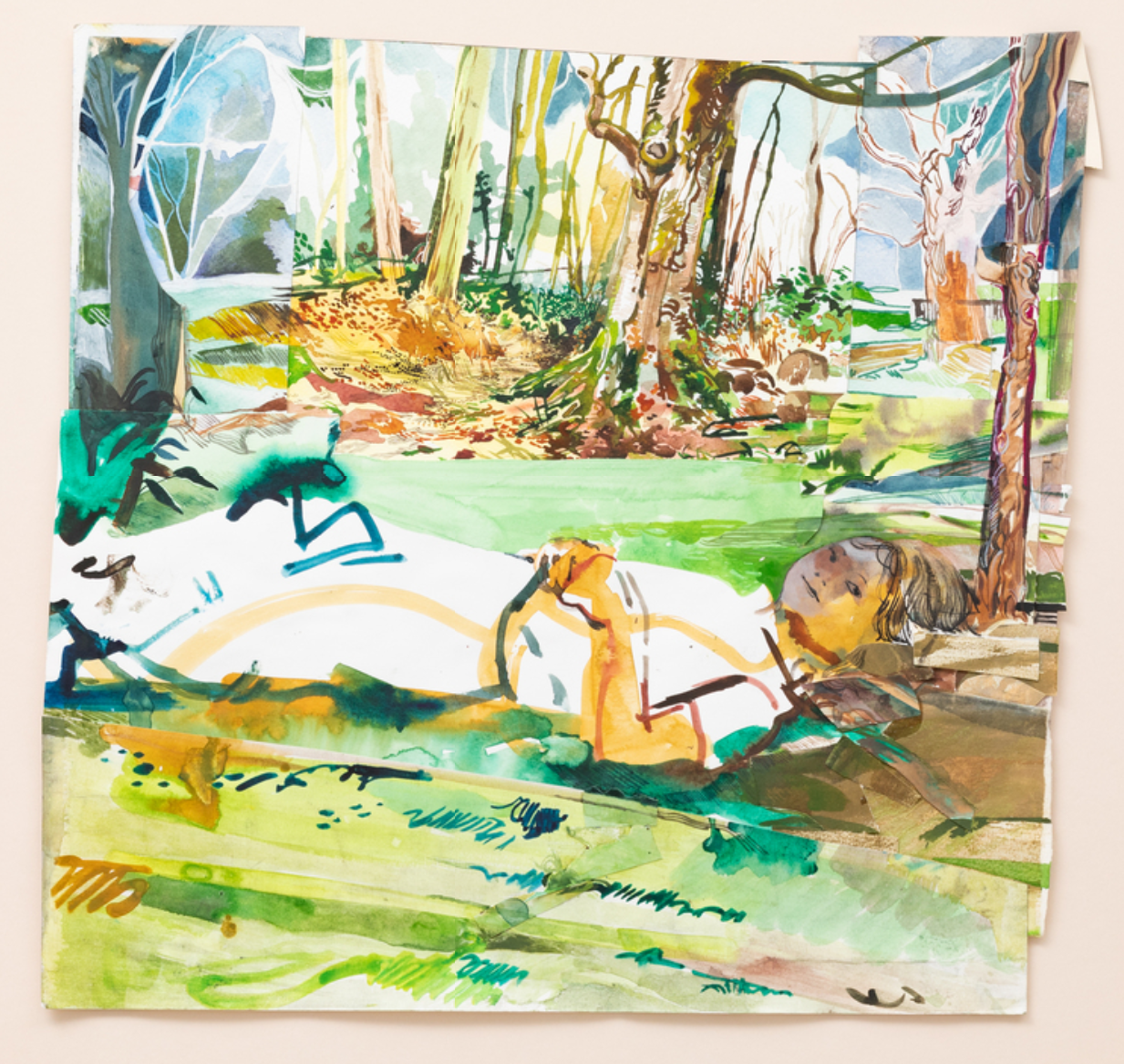 misreading a body for a letter, 2023. Watercolour, acrylic, collage on paper  40 x 43 cm.