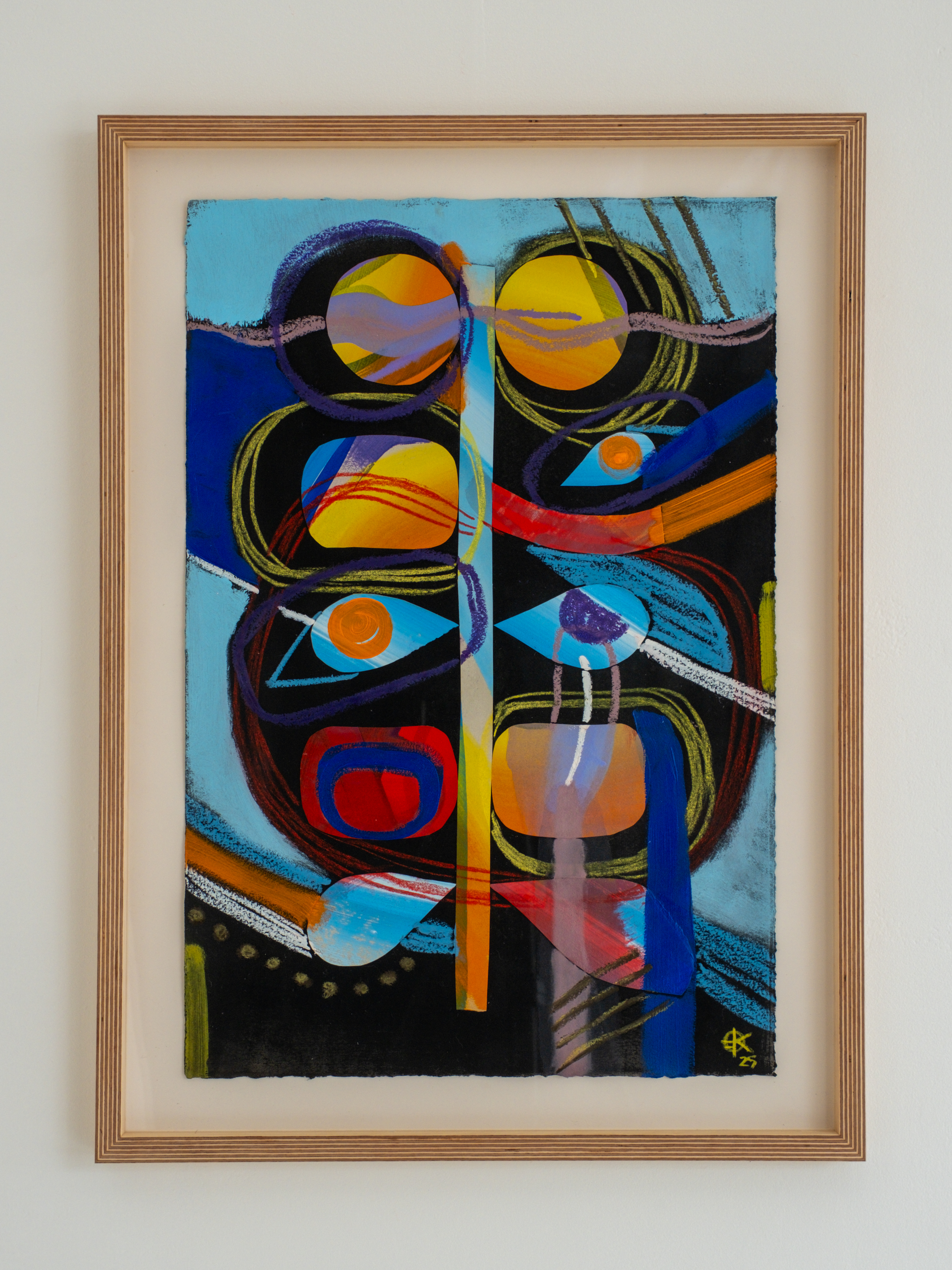 "time is symmetrical: balances on now series. the past stretches out before me, a clear and known landscape (seen)", 22 x 15 inches, gesso, collage, acrylic, oil pastel, & conte crayon on paper, 2025. $2800