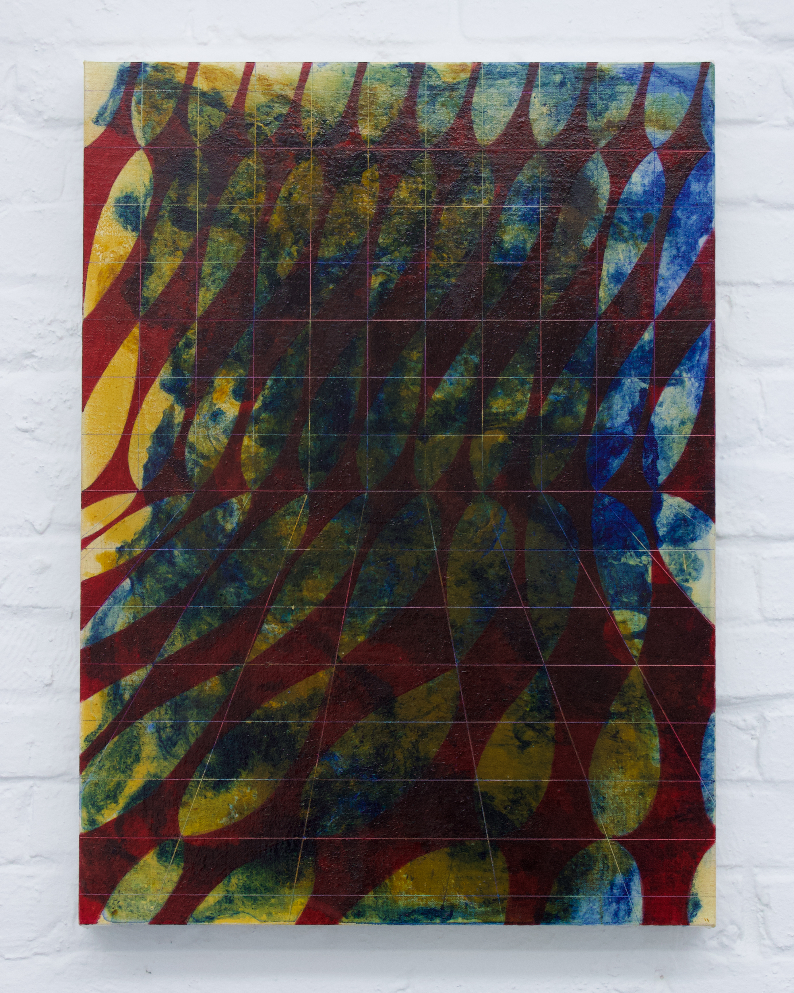 “Sienna, prussian blue and ruby red” egg yolk and flaxseed gel on canvas lined on wood, 60,5x45cm