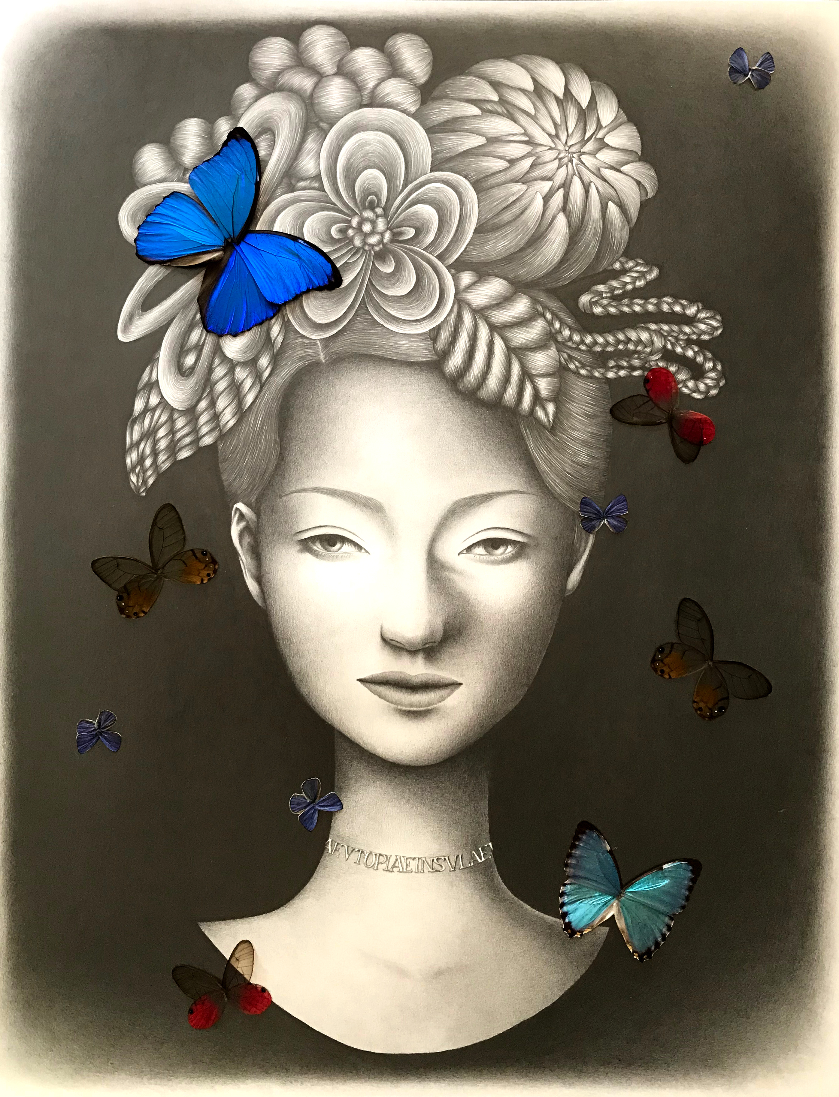Aya UekawaA Fancy Dreamer, 2019Graphite pencil with real butterflies on canvas24 x 18 inches