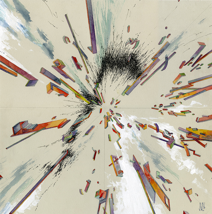 Collider IIIWatercolor, acrylic, ink, and graphite on paper, 14x14"2014