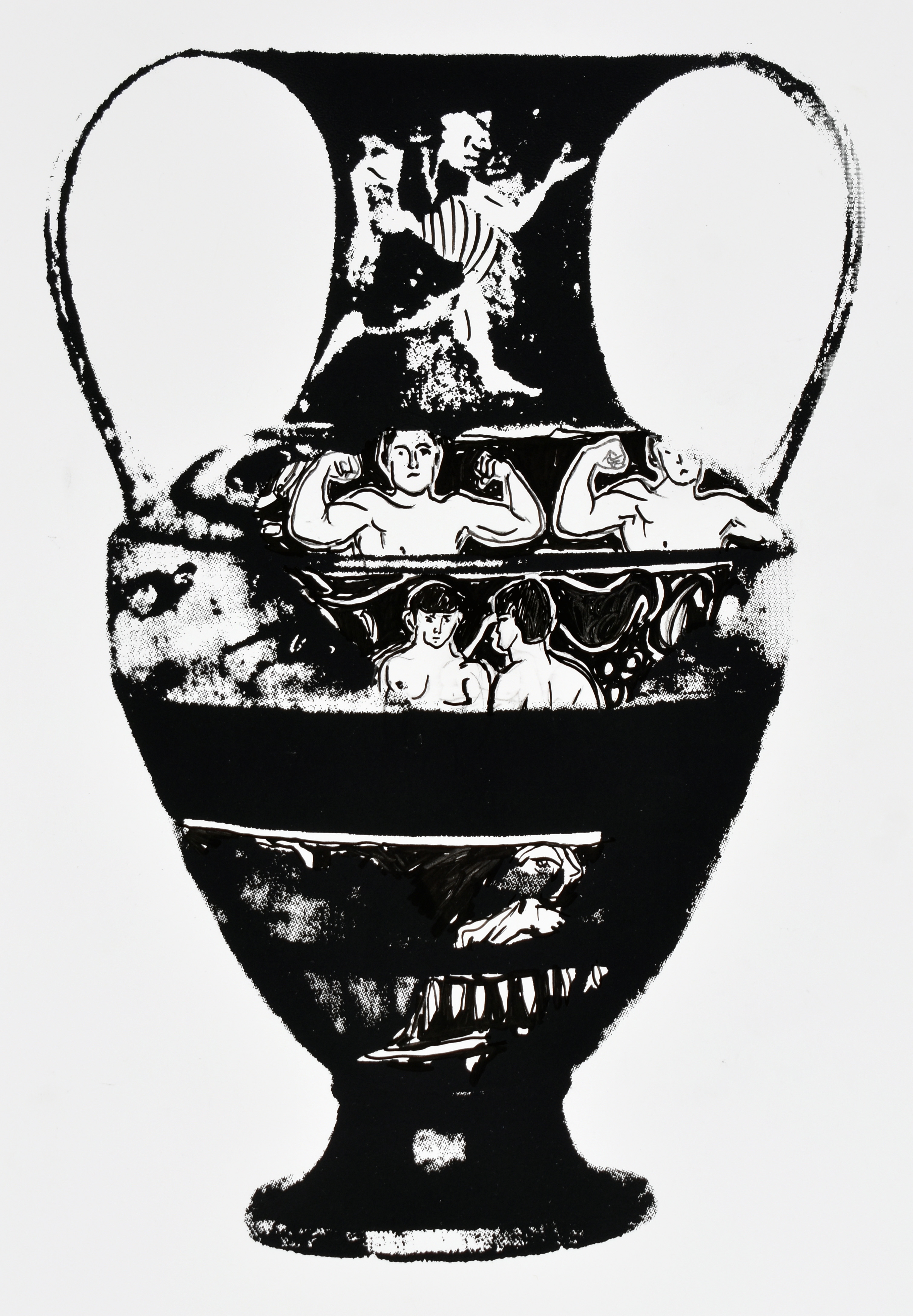 302760 (P.DR.01) AB1: Centauromachy, Centaurs, Warriors. AB2: Animal Frieze, Lions, Panthers, Sphinx. Neck A and B: Winged Goddess (Nike?). On Handle: Satyr, Maenad. On Rim: Dolphins. Shoulder: Satyr Between Eyes. Under Handle: Sphinx, Screenprint and acrylic drawing on paper, 12.5 x 8.5 in., 2024