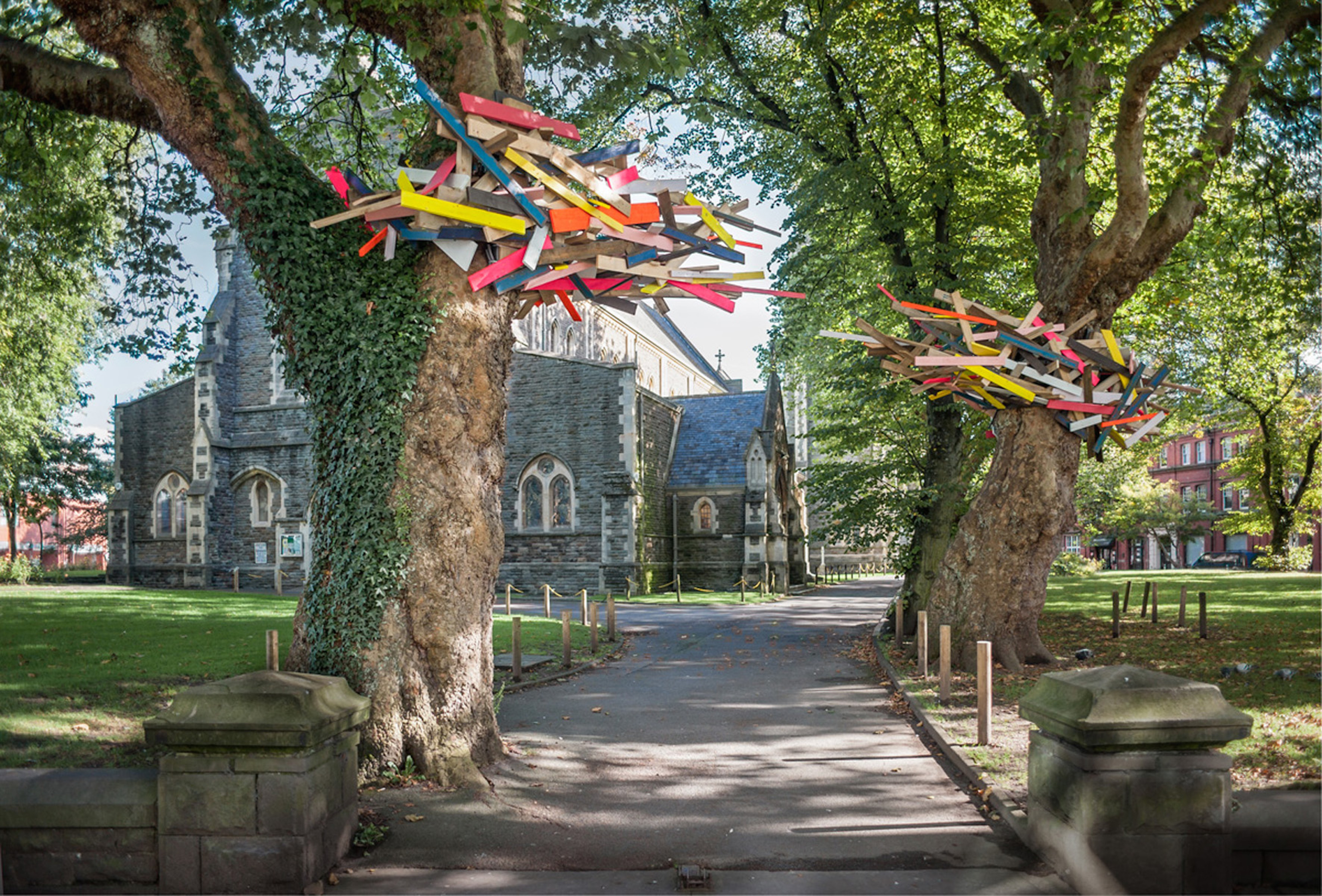 An accident looking for somewhere to happen. Commissioned by Locws International for Art Across the City, Swansea, 2012. Wood, water-based wood stain, ratcheting straps. 