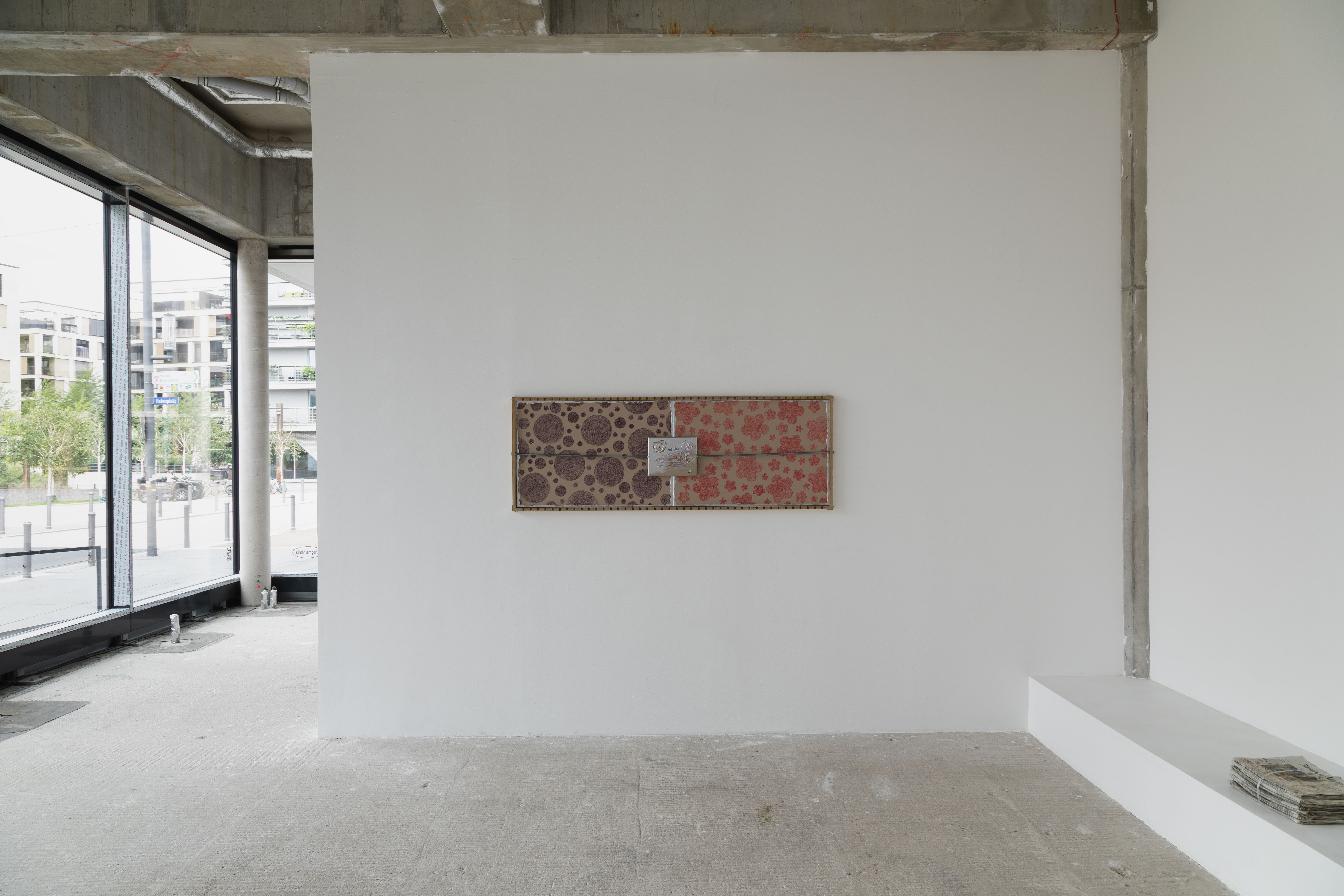 Lilli Thiessen – bed painting (age/stuff), 2022 acrylic paint, ballpoint pen, paper and glue on canvas, bed slats, metal