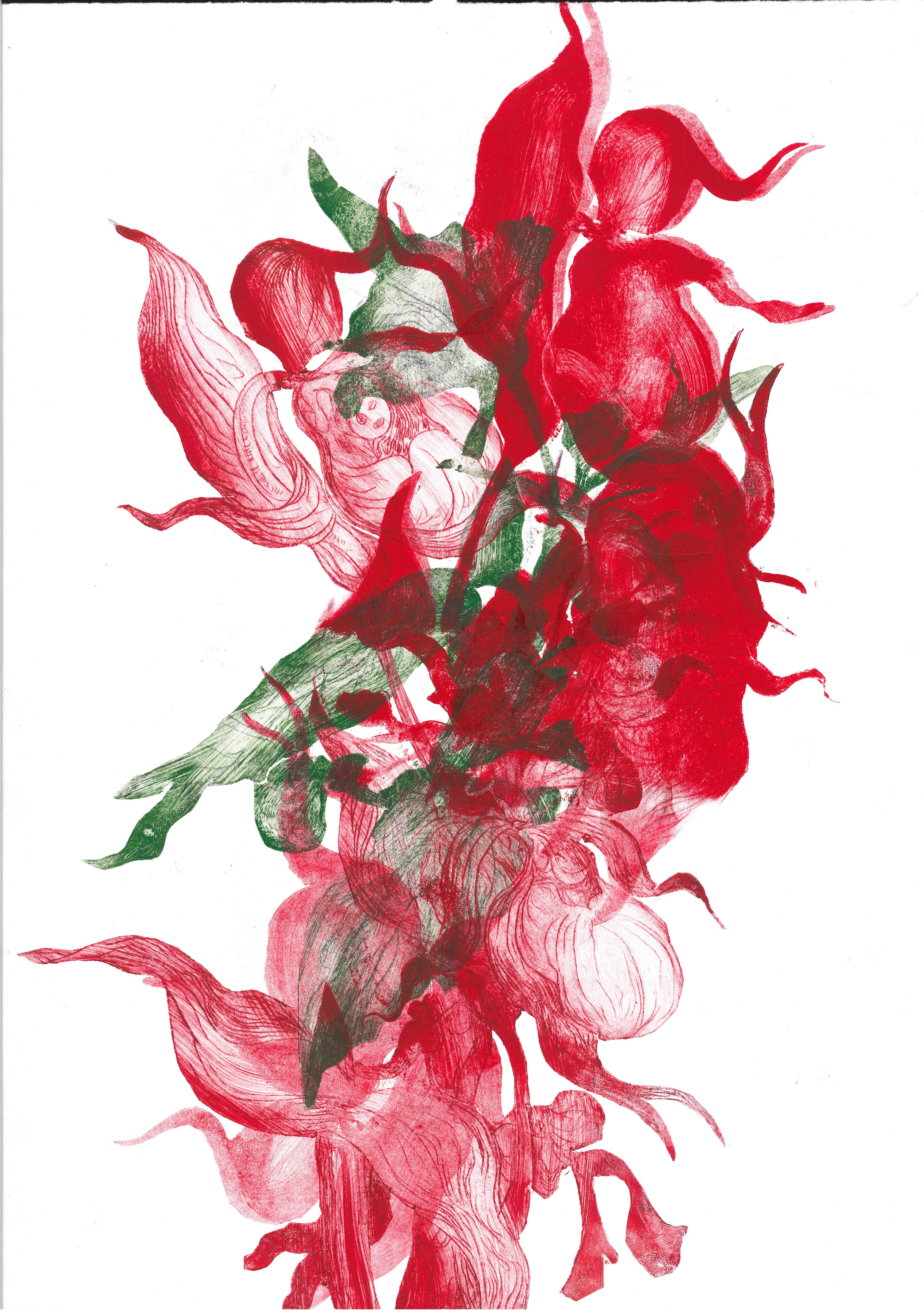 Abstract flowers #1Drypoint etching on polyester, cut out, printed over and inside each other, 34 x 50 cm