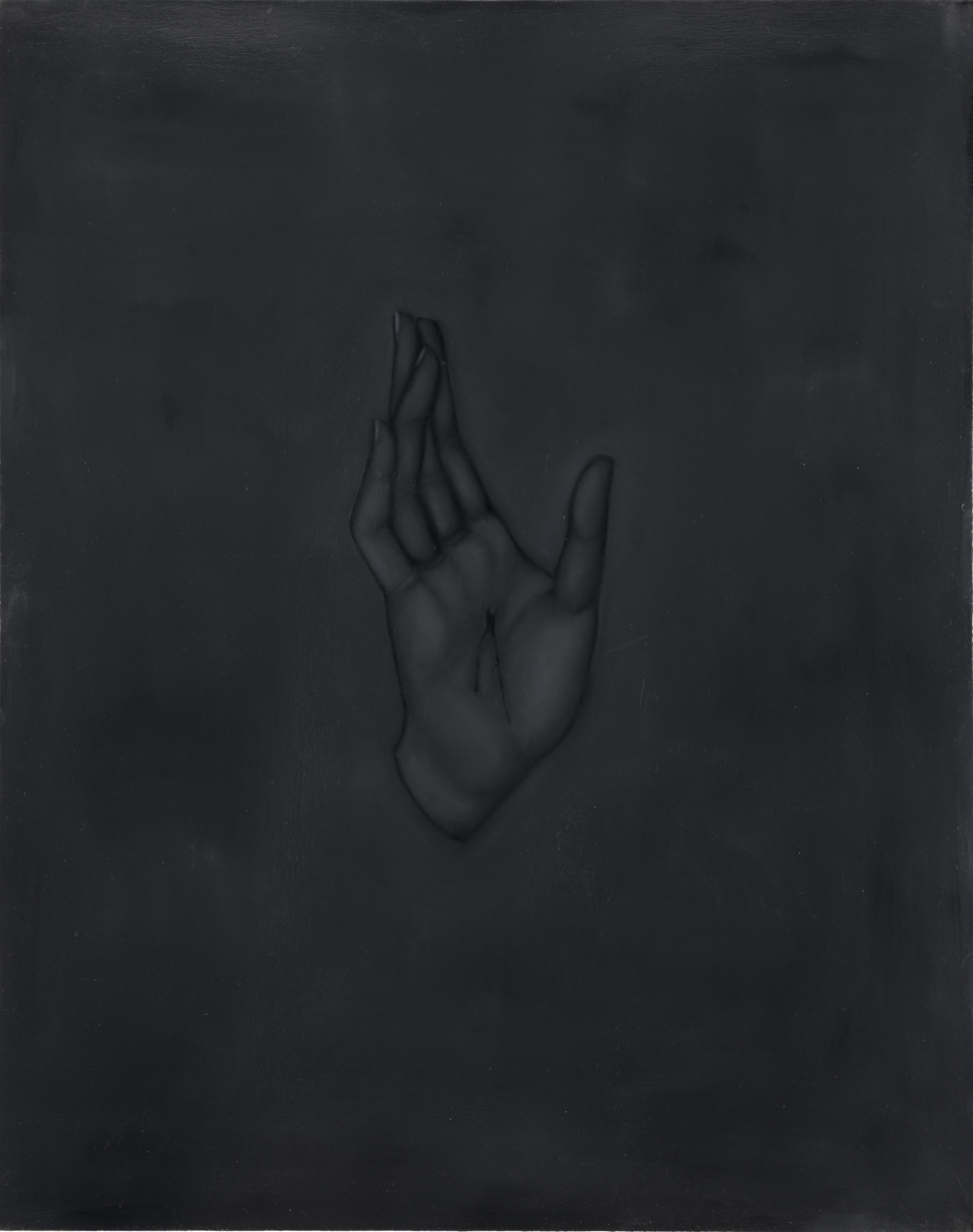 A painting in grayscale of a disembodied hand, palm facing the viewer, with a small bleeding wound visible in the center of the palm.