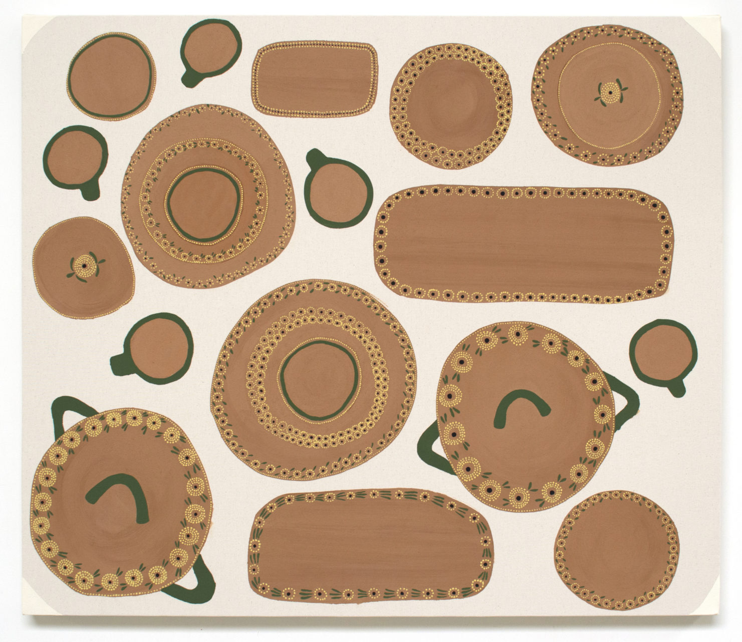 "Platos en la mesa", clay slip and vinyl paint on raw canvas, 36" x 42", 2017