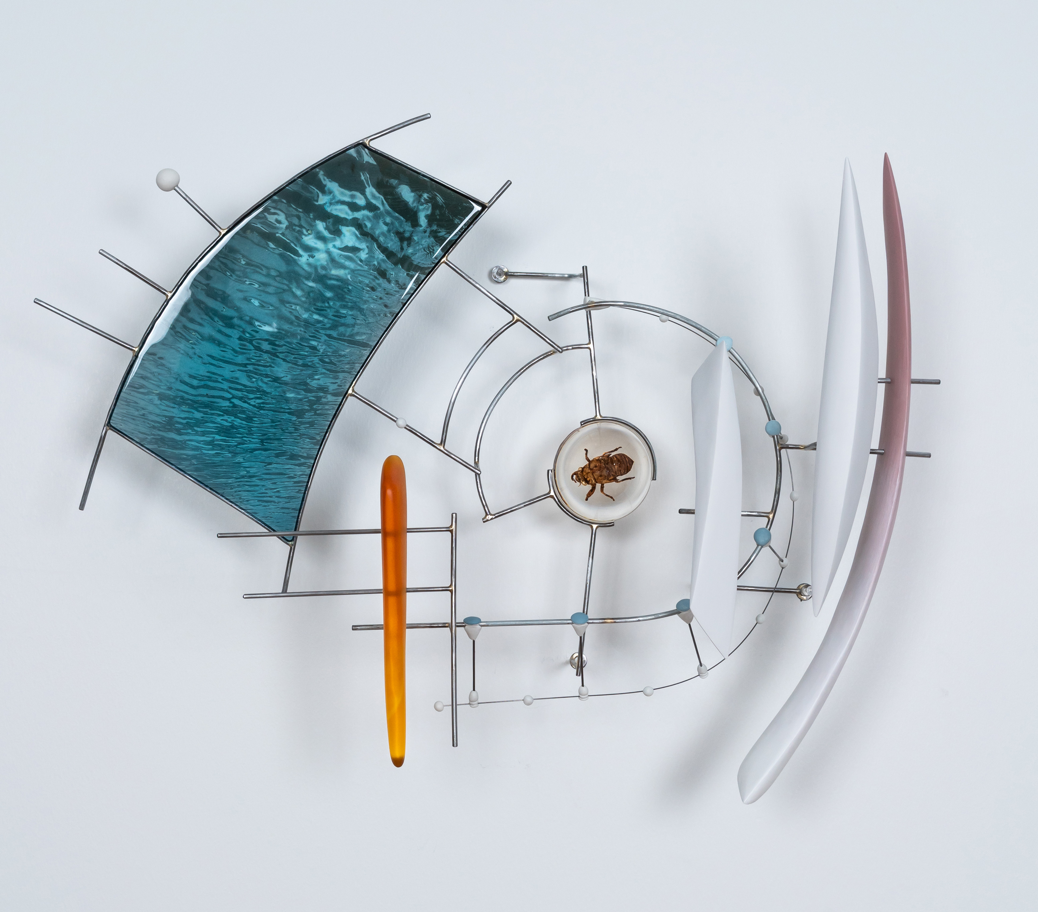 Case Study for Impermanence, 2025, Steel (from salvaged election signs), epoxy resin, inkjet photograph, foam, plaster, gouache, preserved cicada husk, 25 x 17 x 11 inches