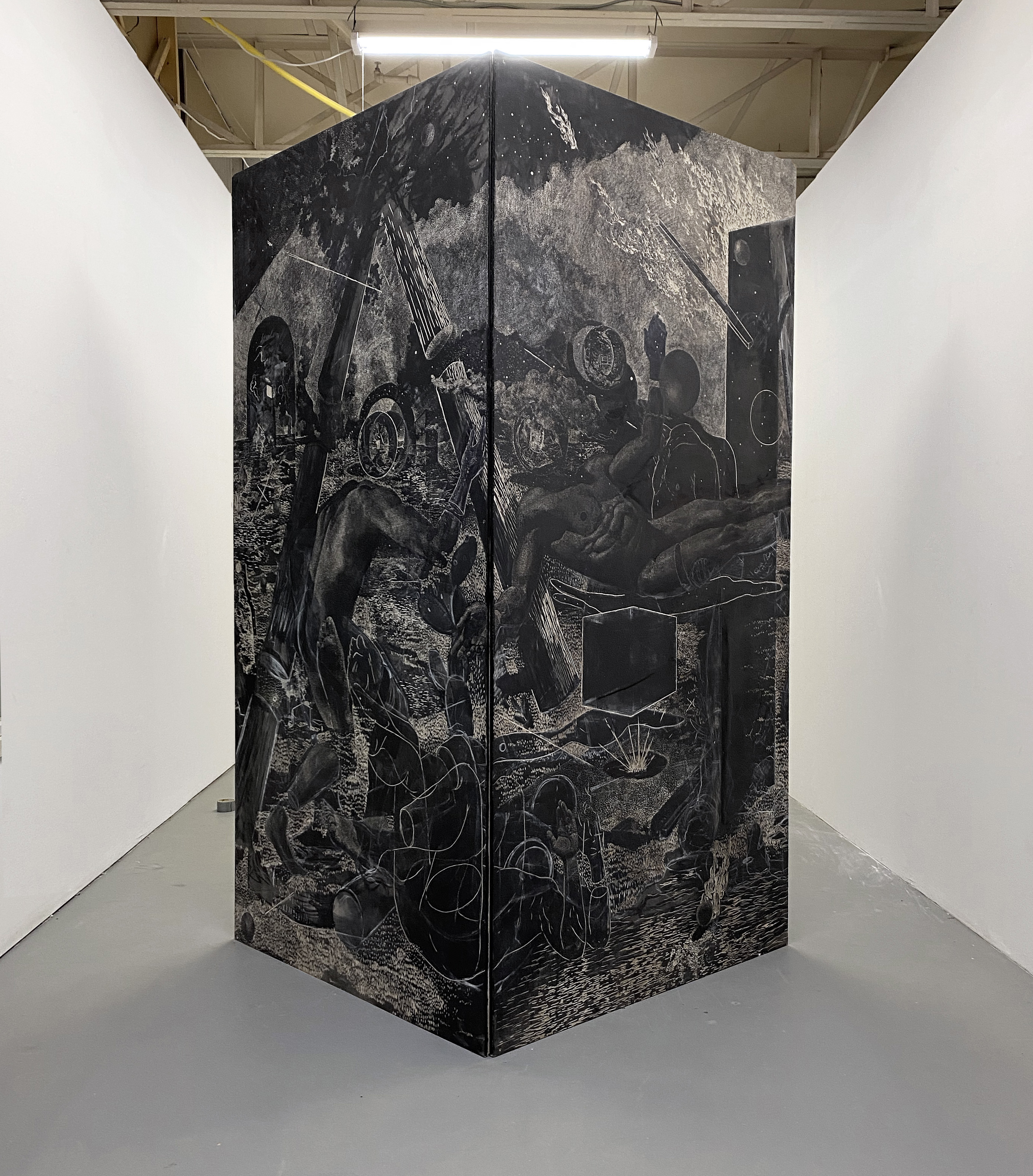 As a Revelation, Time Presents Itself. (Monolith installation) 96"x48"x48". Woodcut matrix. 2020