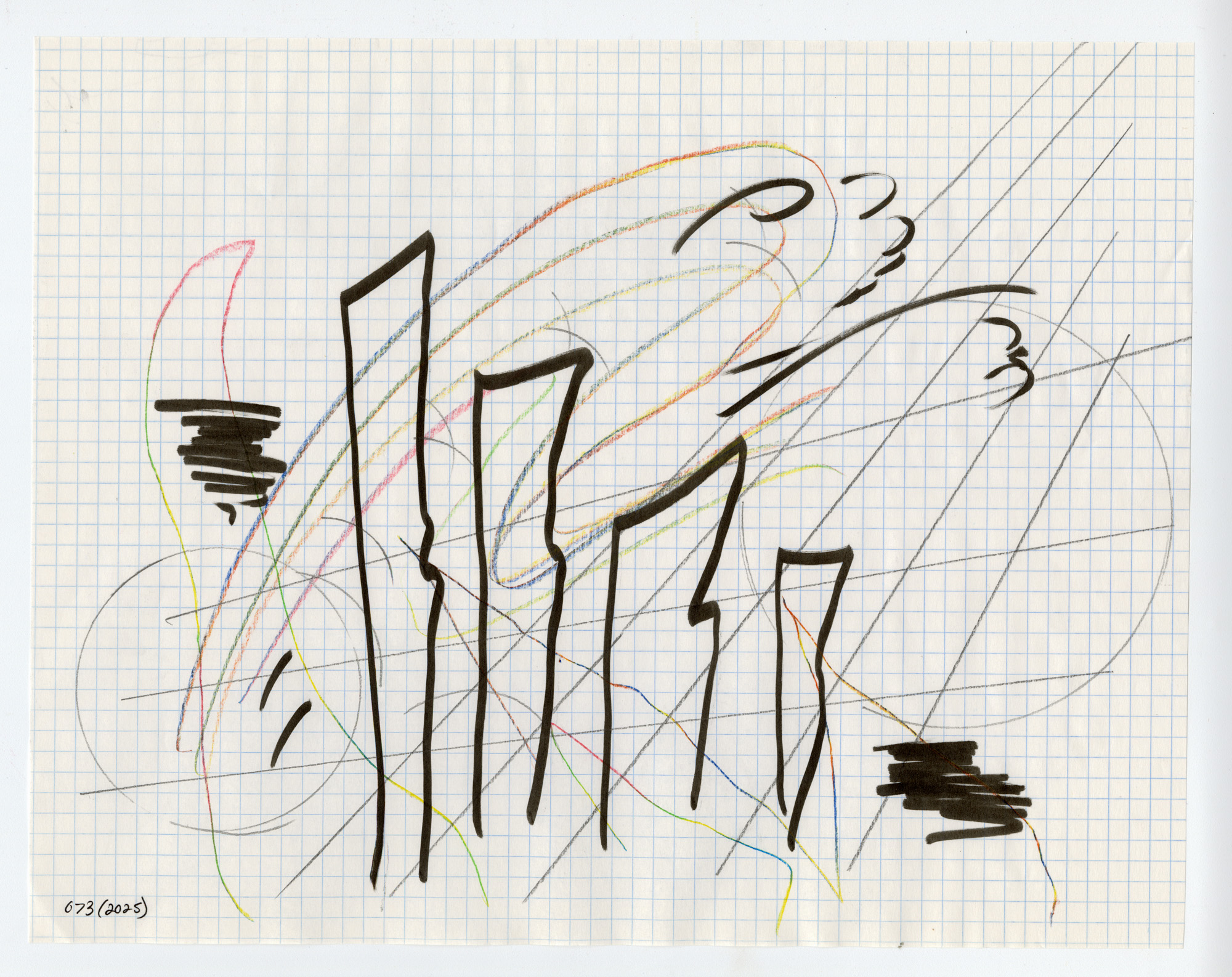 073. 2025. Graphite, colored pencil, and marker on graph paper. 14" by 11"