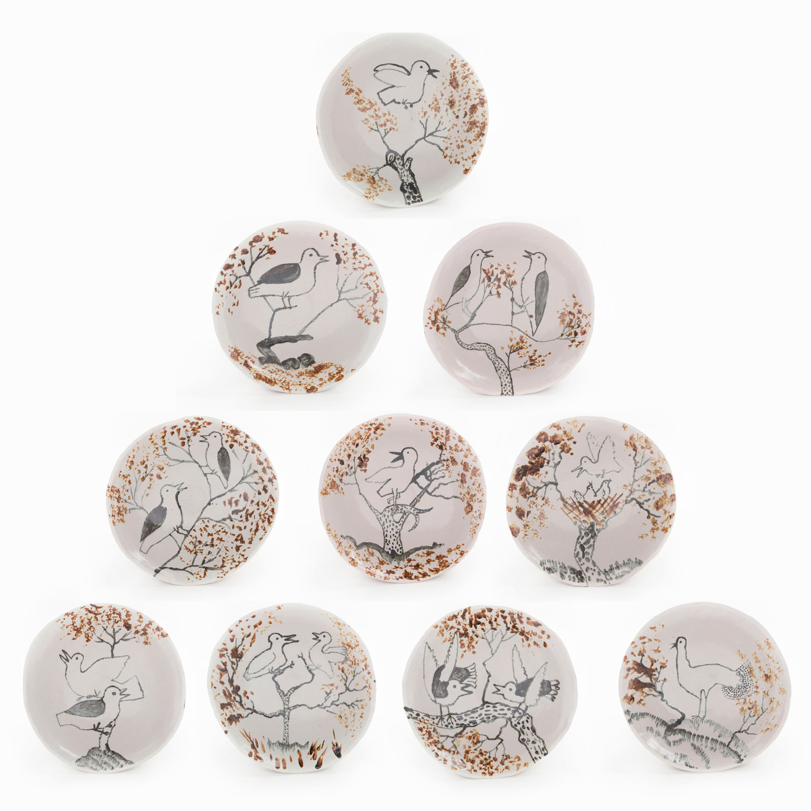 From Bush of Birds deep bowls, 20.10.2020Glazed ceramic stoneware11 x 26.5cm eachSet of 10