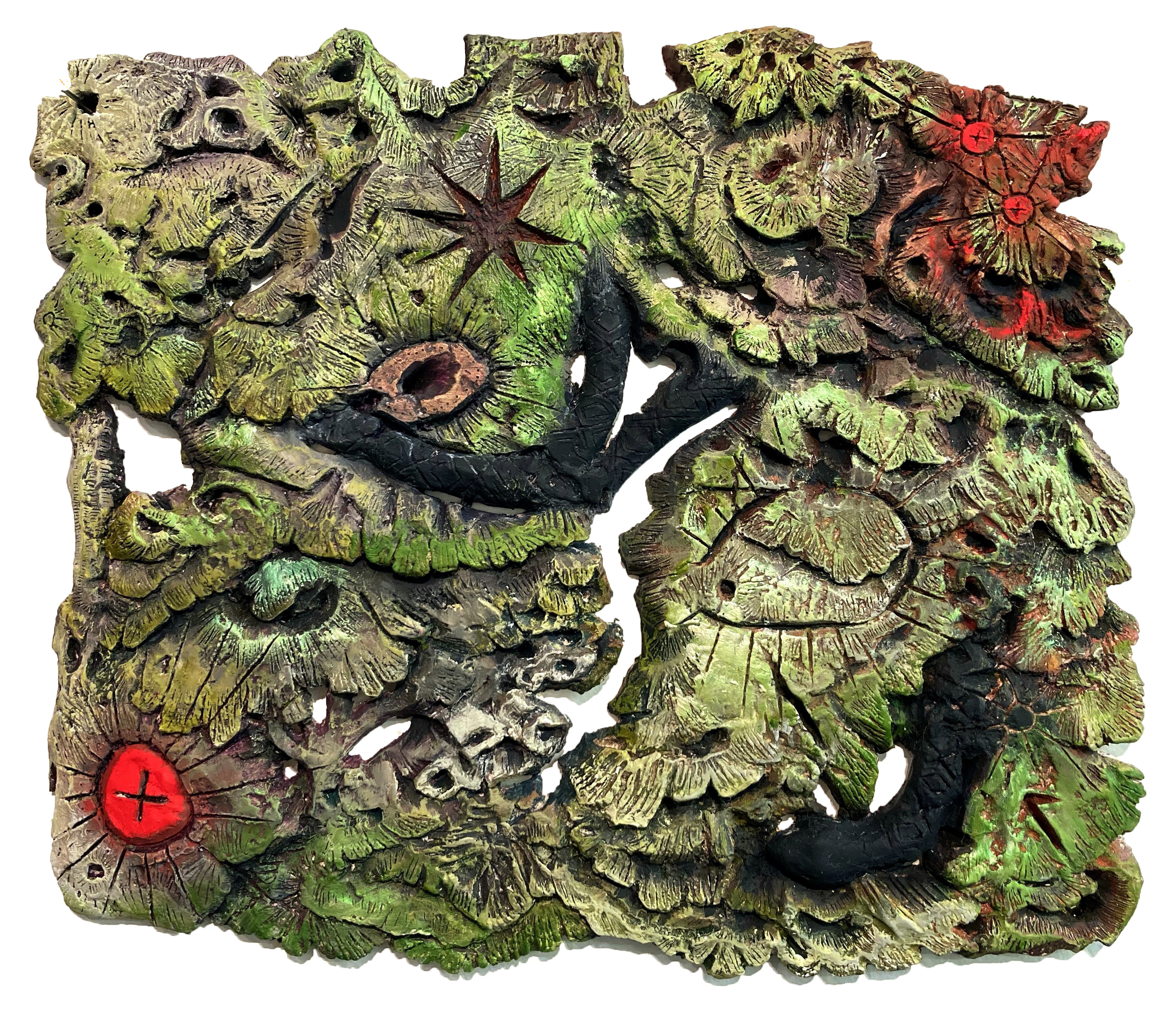 one snake with protons and star in sky 14 x 12 inchesoil on porcelain2021