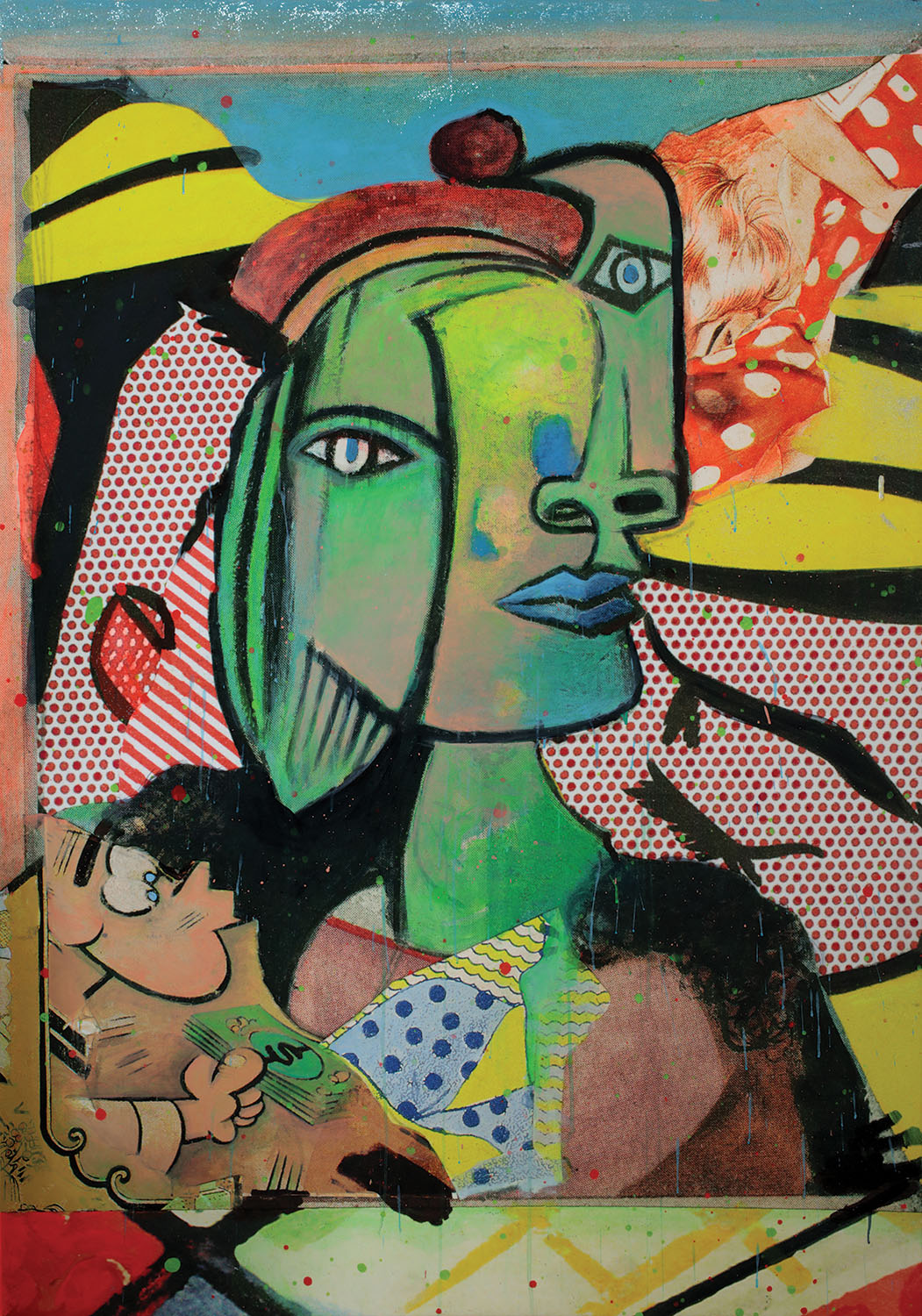 The Color of Money, 2020 Original acrylic with embellishments on canvas with printed background 77 ¼ x 53 ¼ in.