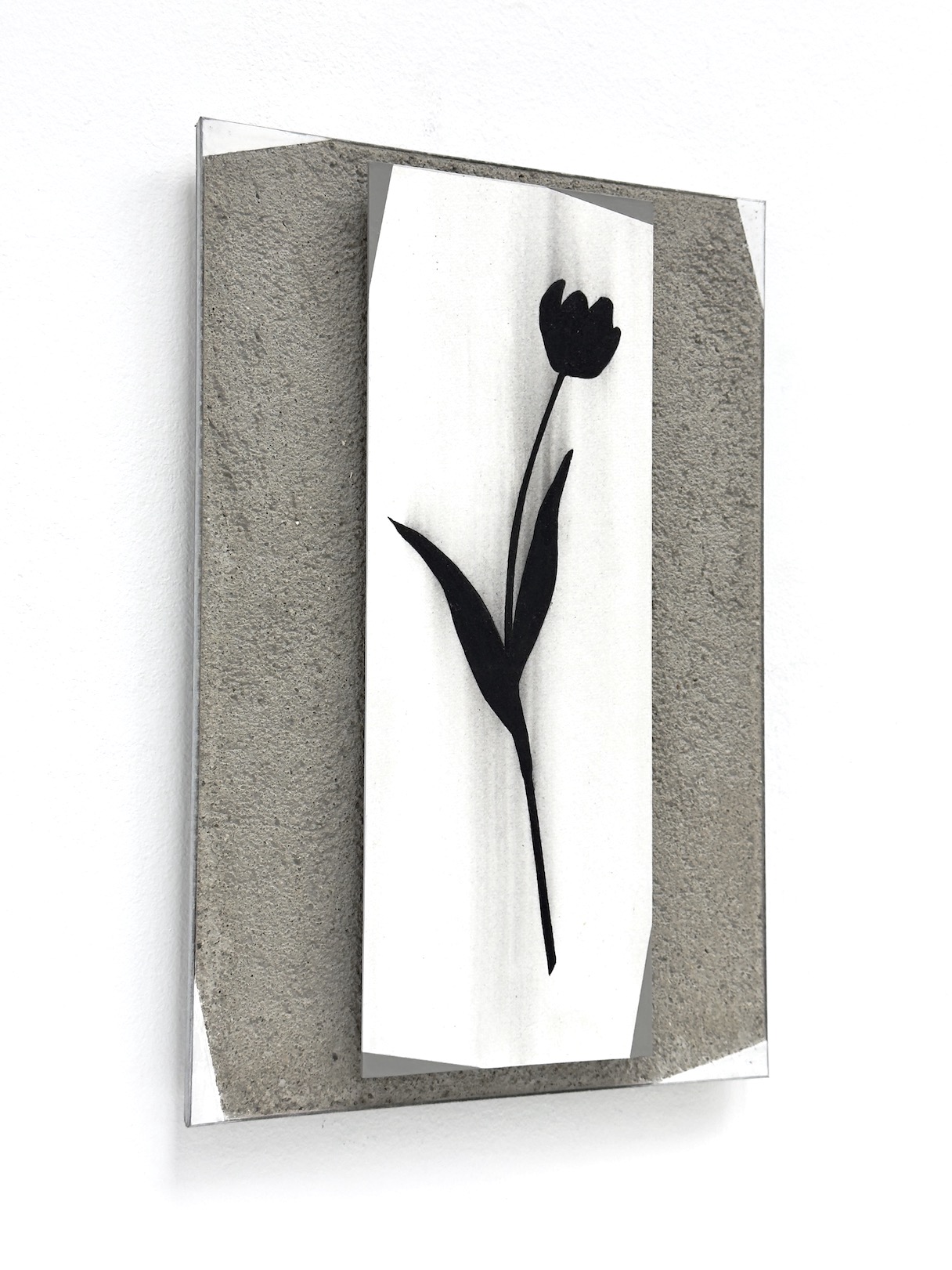 ‘Another tough one’, 2024, conté pencil, acrylic and alkyd on paper/aluminium, plaster on cement/aluminium and plaster profile, 30 x 20 cm.