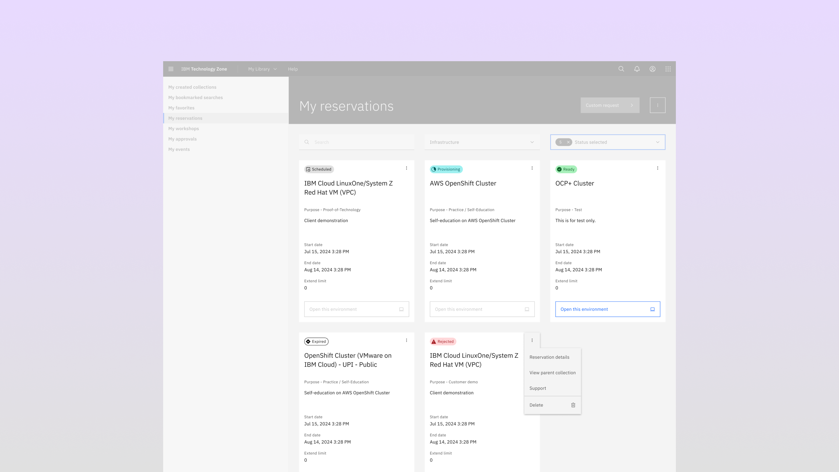 My reservations page with new 'reserved' tile components