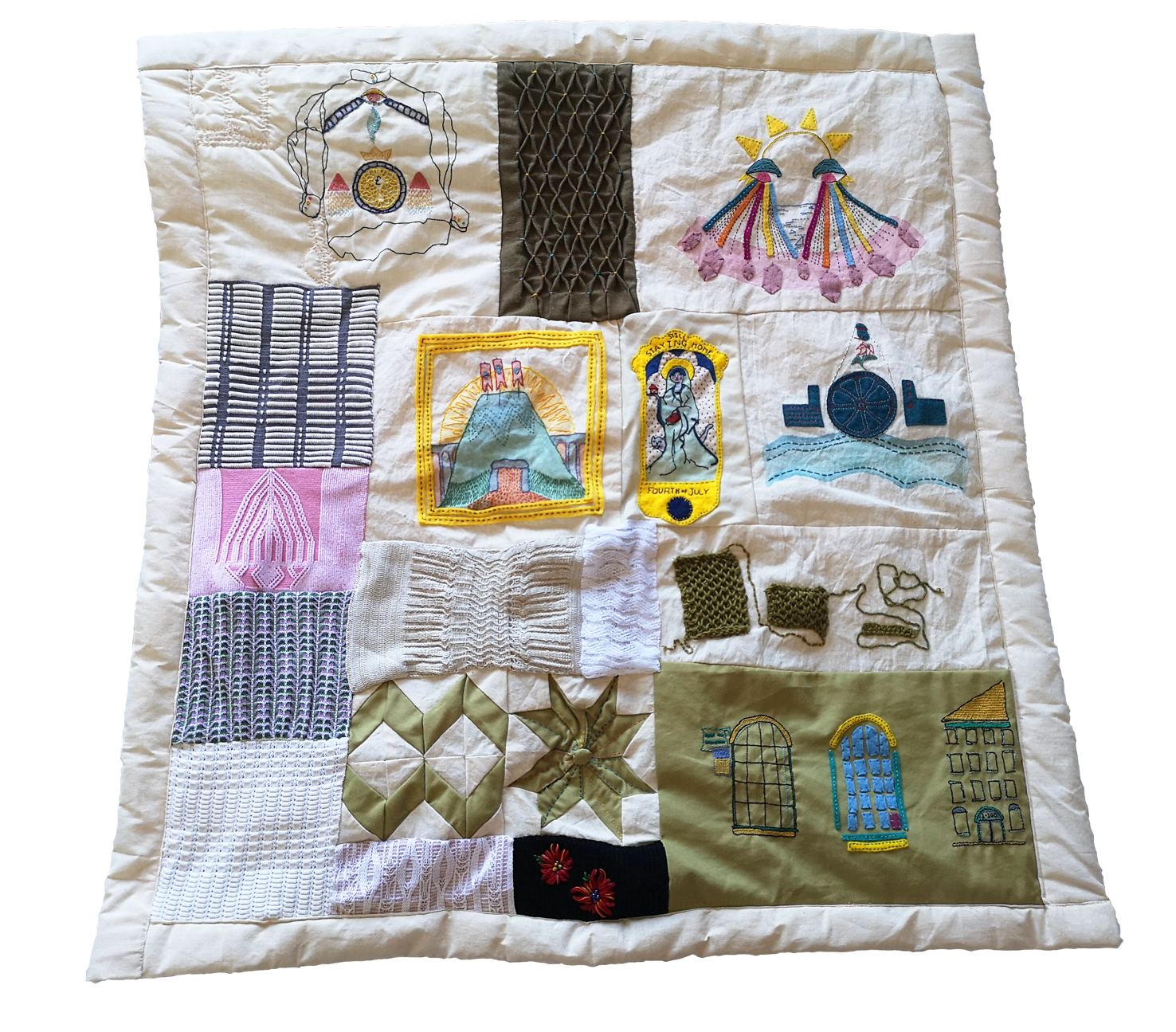 The Craft Quilt is a patchwork quilt Involving many subjects that I would later refine into Mourning Craft. It displays various subjects and eras of UK textile crafts and different craft techniques. The quilts patches range from examples of Knit from a fine gauge knitting machine to symbolic embroideries exploring the connection between Craftswomen and lace.