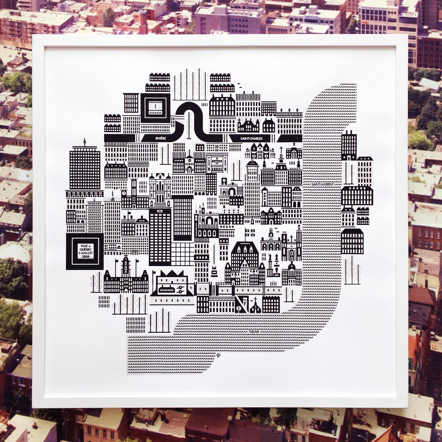 Black and white illustration of downtown Québec City, Quebec, Canada in 2008.