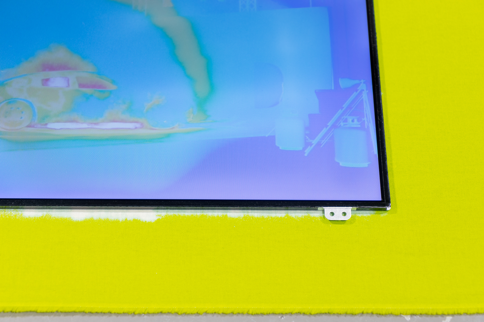 Thermochromic workflow (detail), 2020, heat-sensitive fabric, led screens, led controllers, media players, flash drives, amplifiers, faux rock speakers, cables, each approximately 44 x 77 in. (112 x 196 cm)