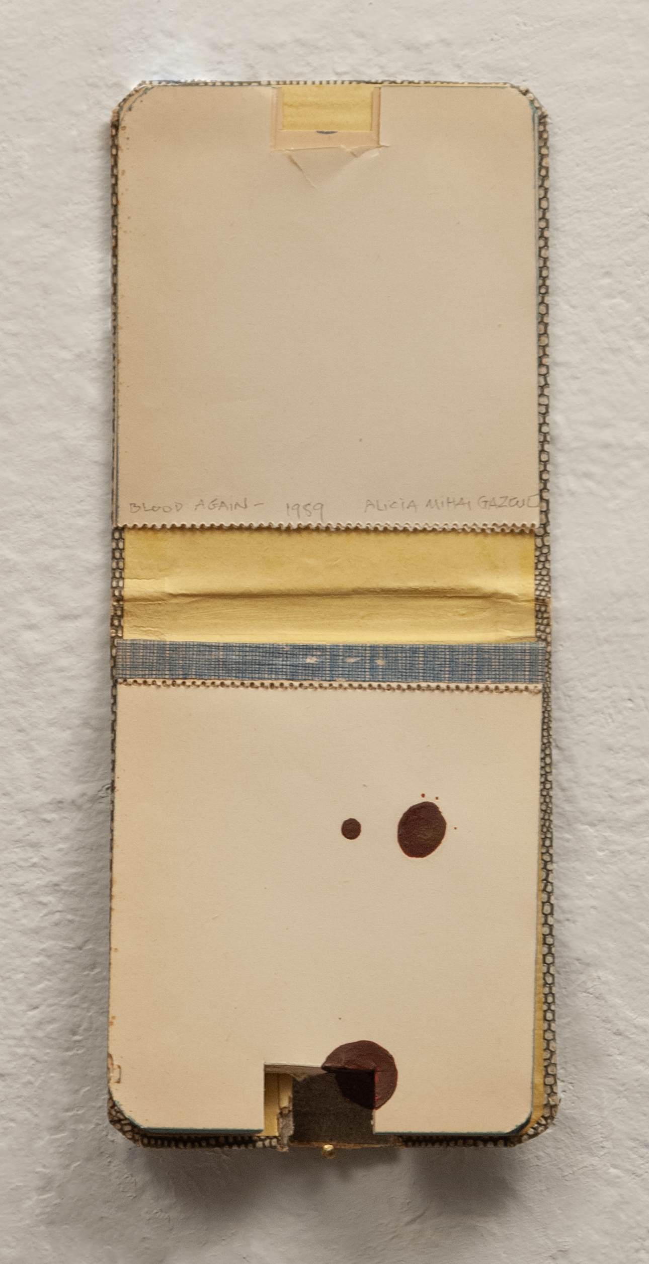 Blood Again, 1989 Acrylic and cuts on found notebook, 6.75” x 3.25”