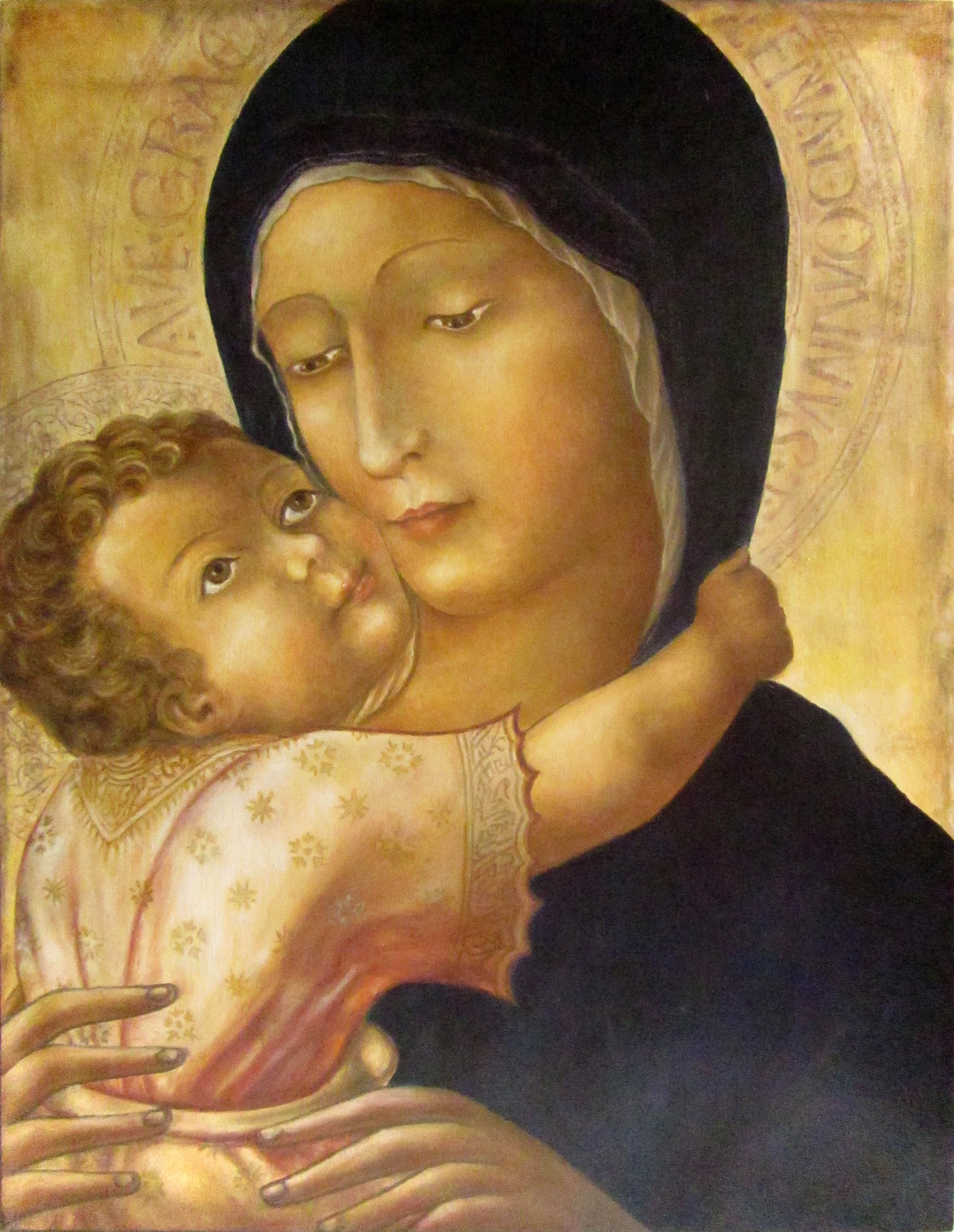 Reproduction de " Vierge à l'enfant " de Liberale Da Verona, XVème 2015, 44 cm x 34 cm. Peinture à l'huile sur bois.
