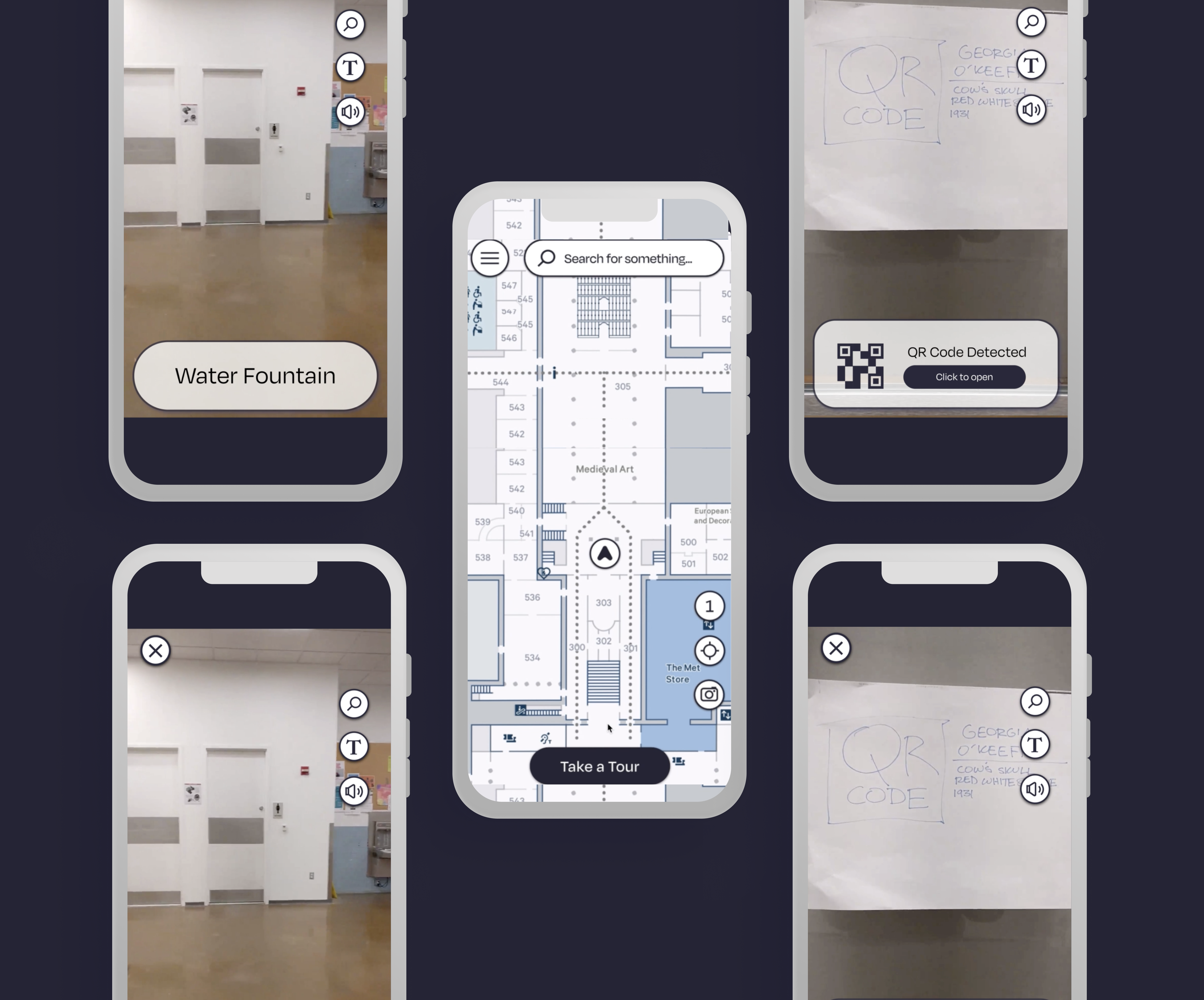 Mockup showing five phone screens from the Muse app.