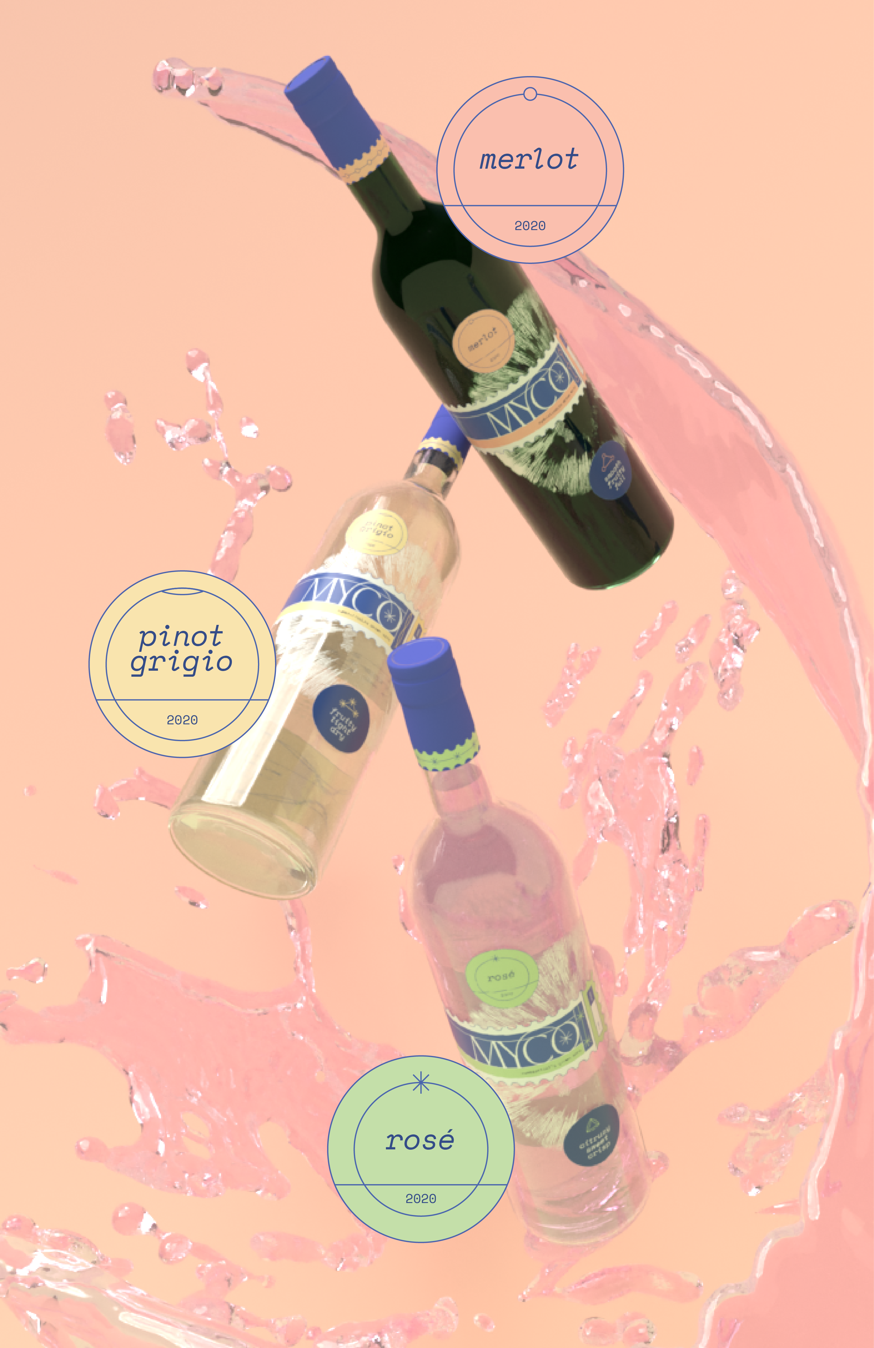 Three MYCO wine bottles in a vertical floating stack with wine splashes and label graphics