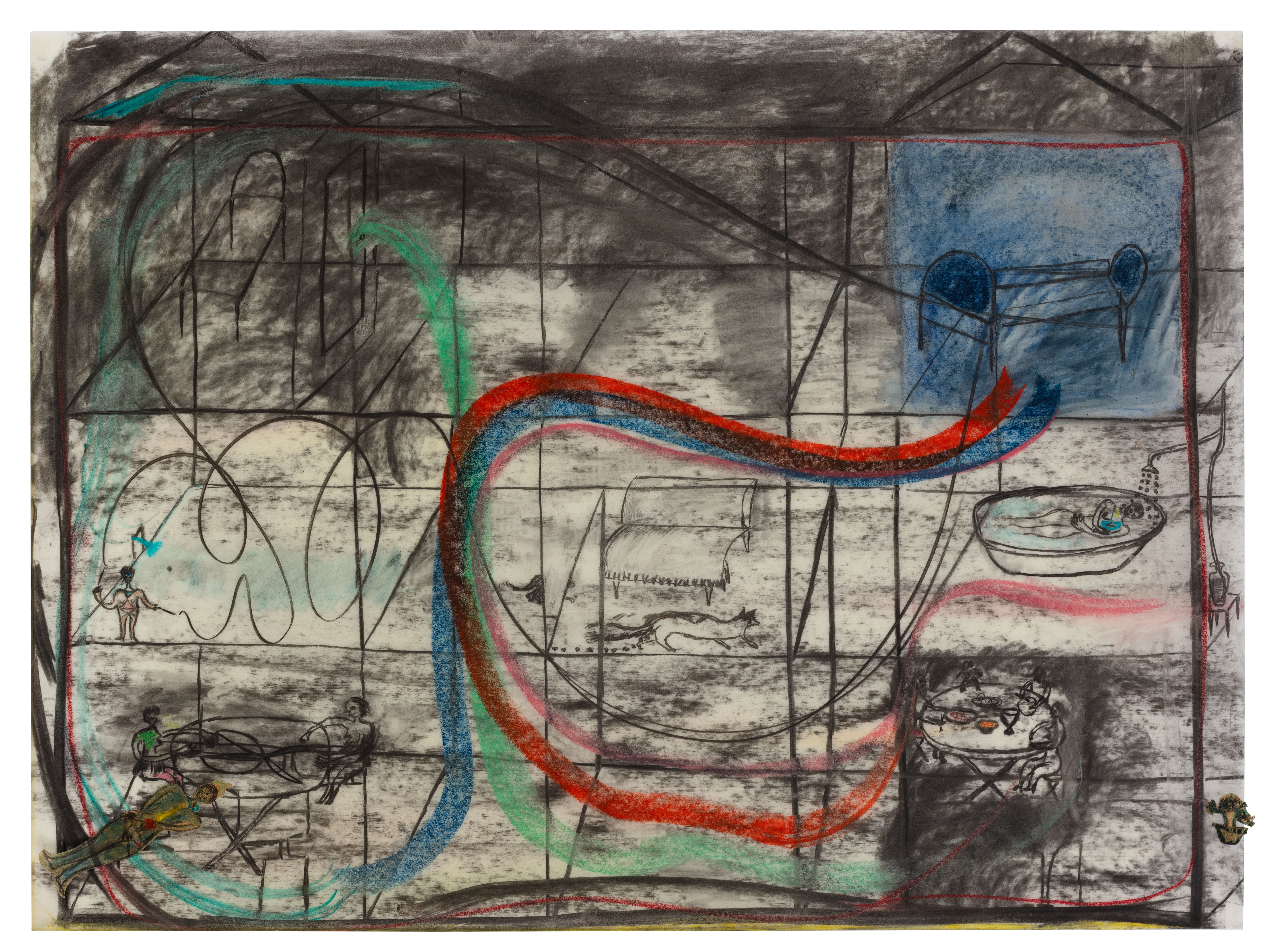 I went through various smells in the evening corridor II,120 x 90 cm, charcoal, pastel, collage, wax on transparent paper 2023
