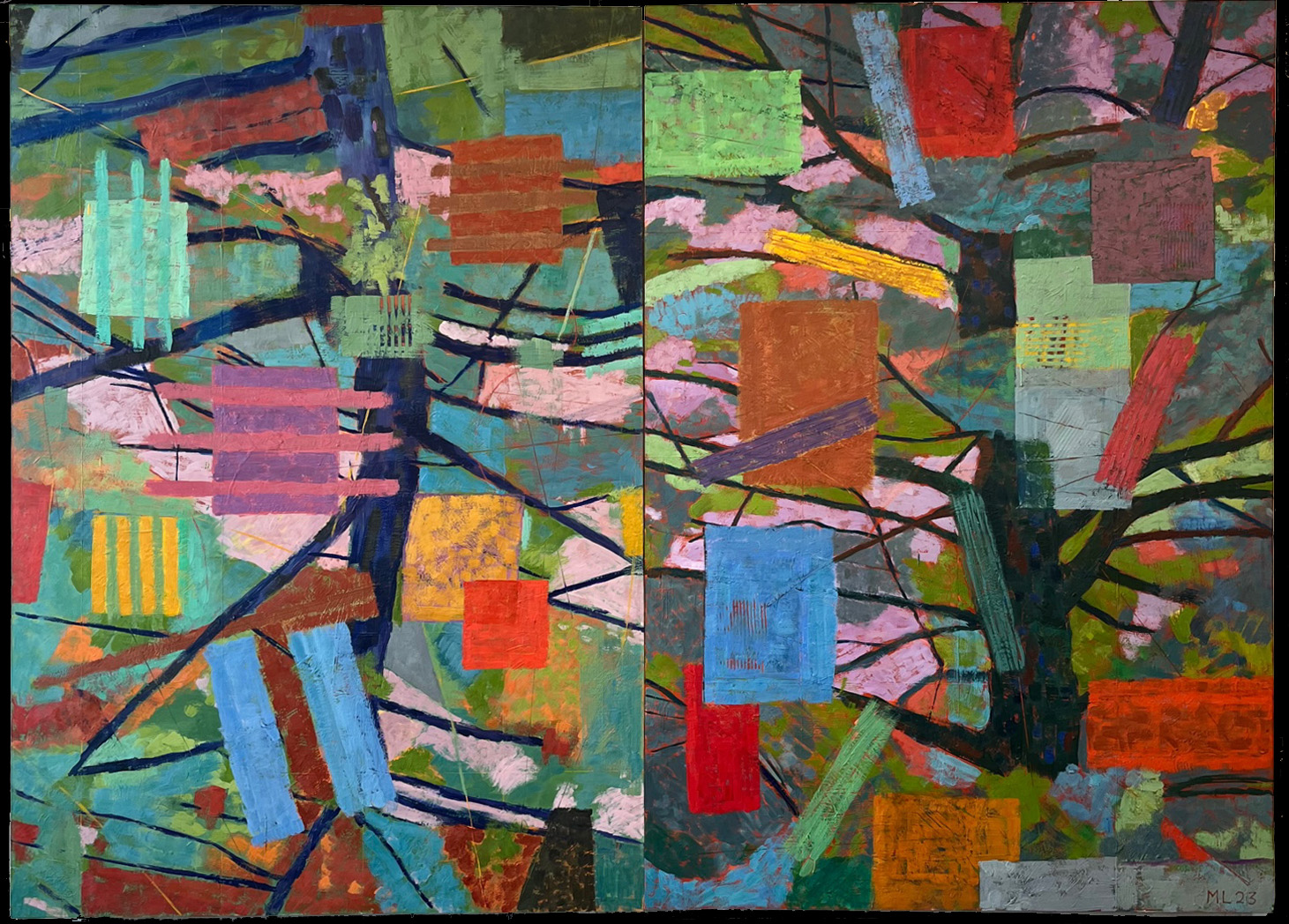 Confluence. 2023. encaustic on panels. 65" X 90" (diptych)
