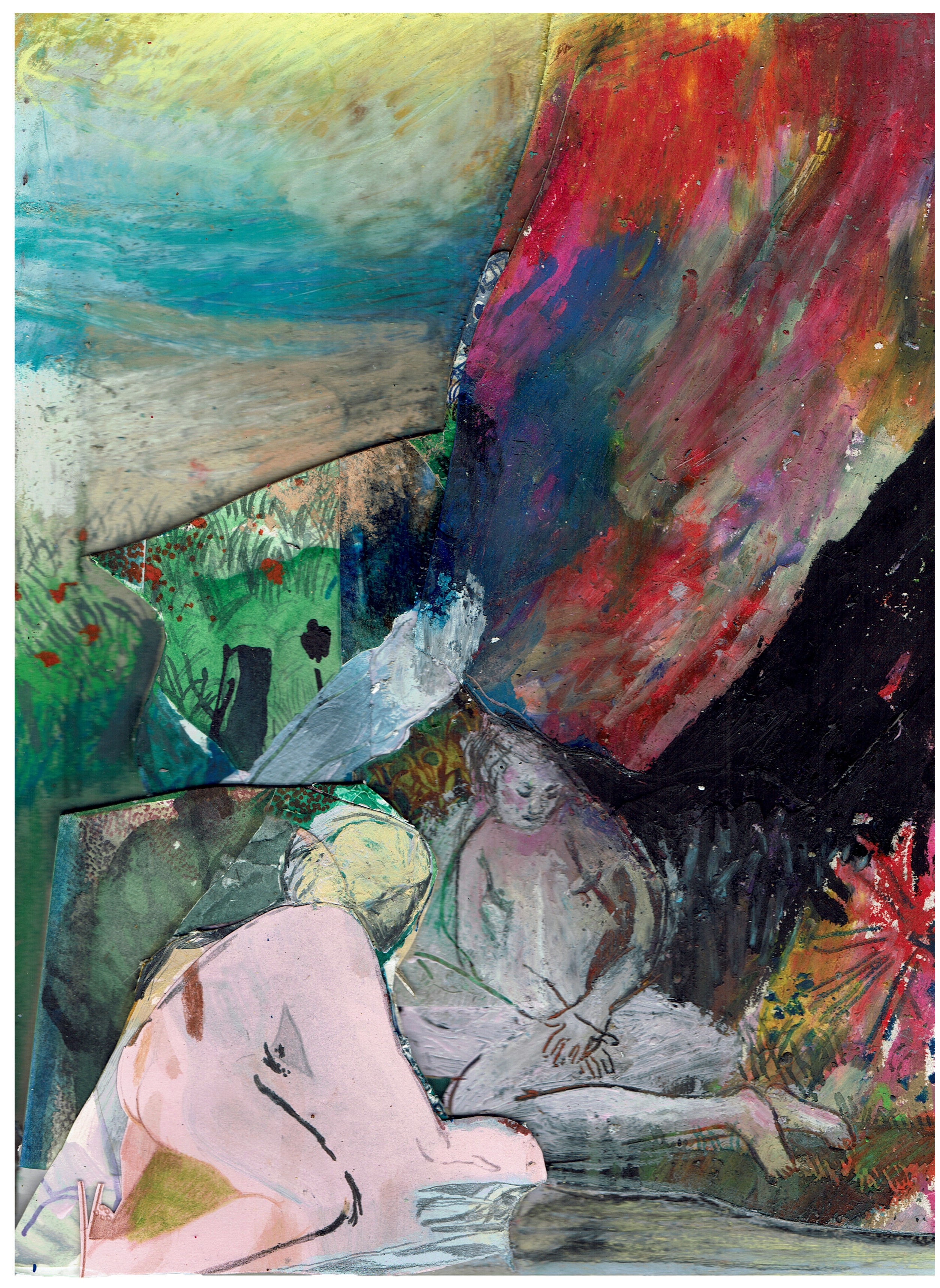 Lake sea with fire curtain over our heads and no fear. Mixed media and collage on paper, 28 x 22 cm.