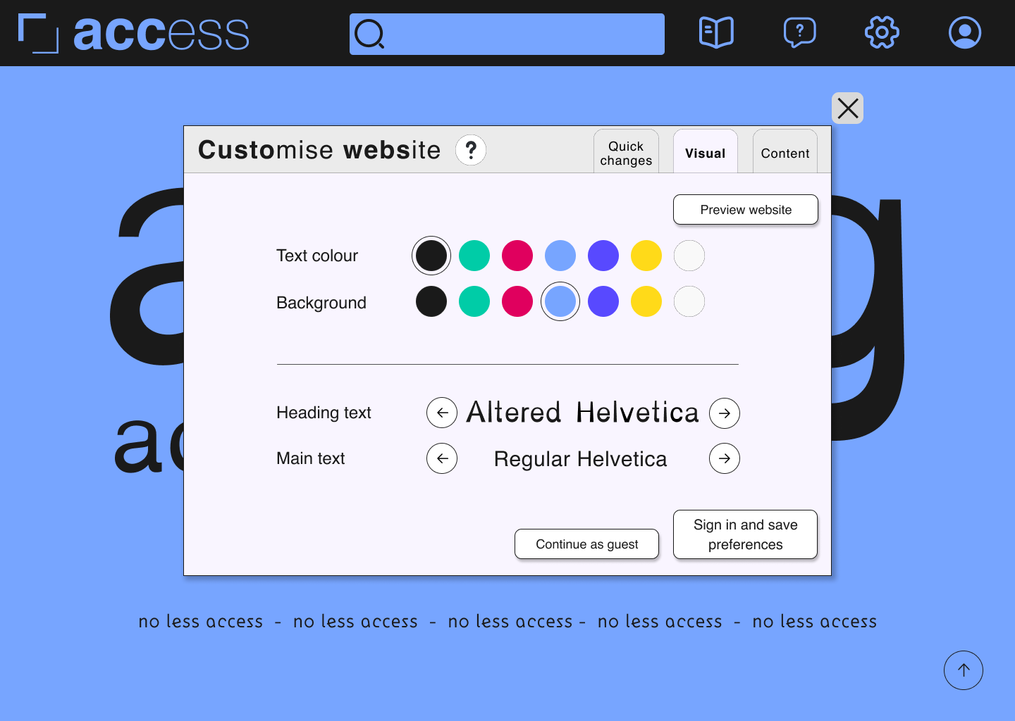 Example of website's customisable colours and typefaces