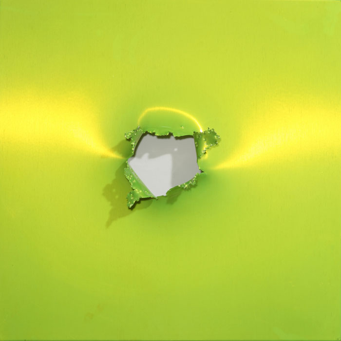 Saint Sebastian 7, 2010, Gunshot powdercoated stainless steel, 18x18in