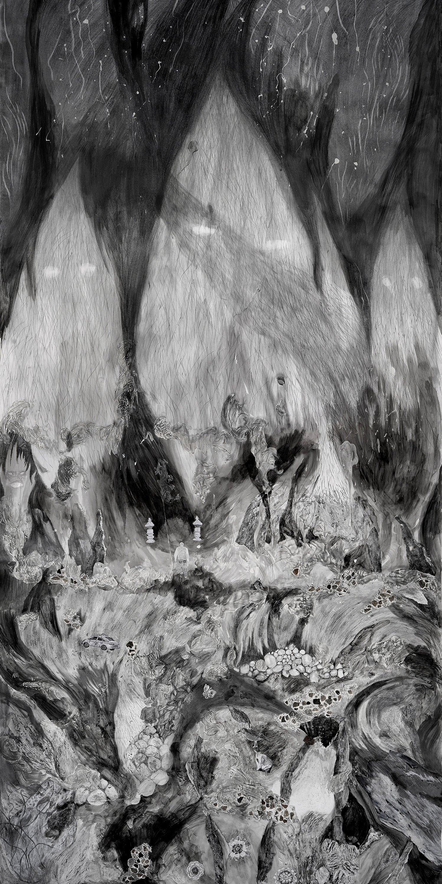 산은 무너지느라 돌을 떨어뜨린다, 2021, 종이에 흑연, 콜라주, 혼합재료, 295x150cm