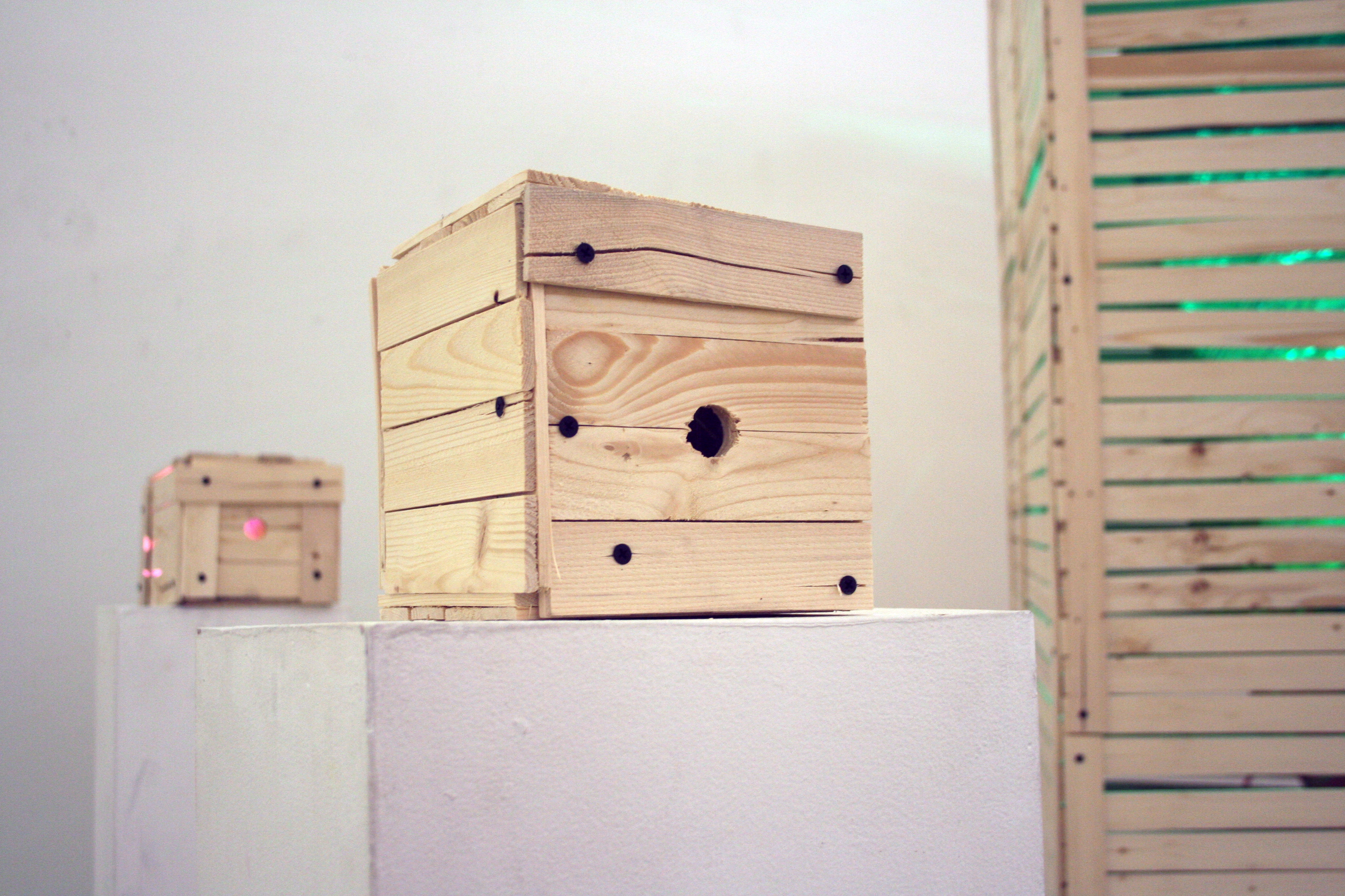 This Will Never Make It Across the Sea, 7 x 7 x 8 inches, rock slide, mirror and wood